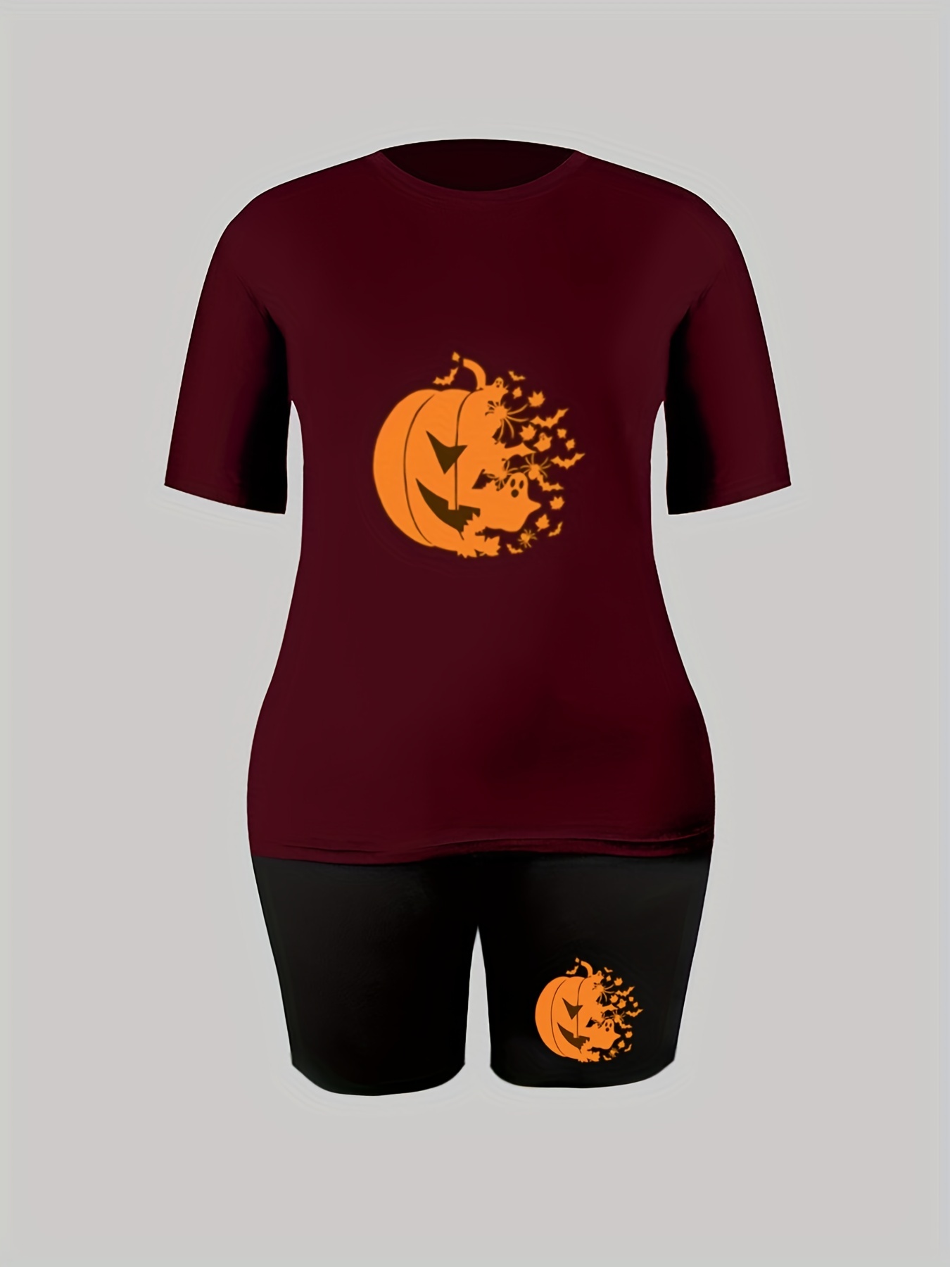 Halloween Pumpkin Print 2pc Set Tee & Biker Shorts Outfit