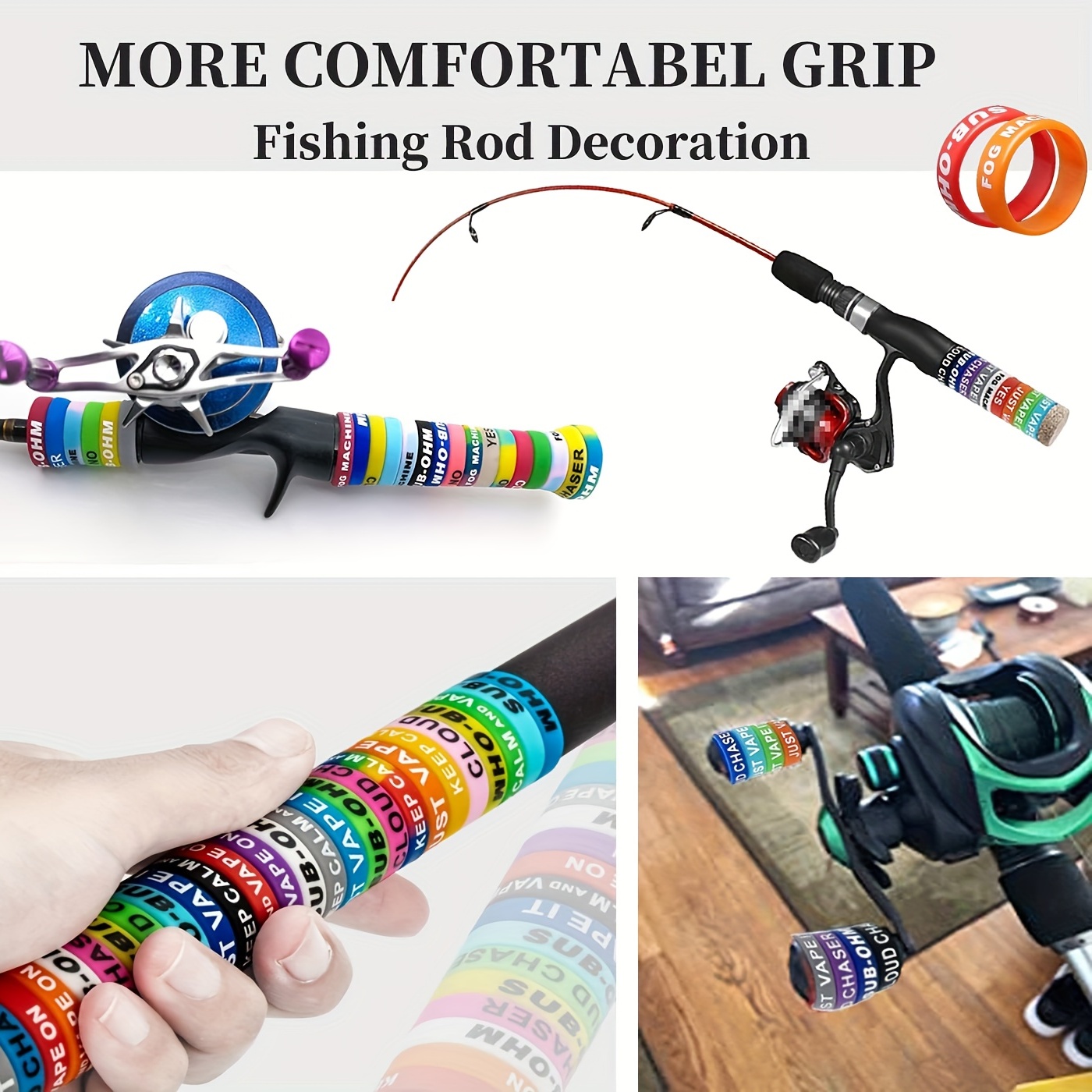 10pcs Non-Slip Fishing Rod Handle Grip with Rubber Ring - Cool Decoration  for Baitcaster Reels (Random Color Mix)