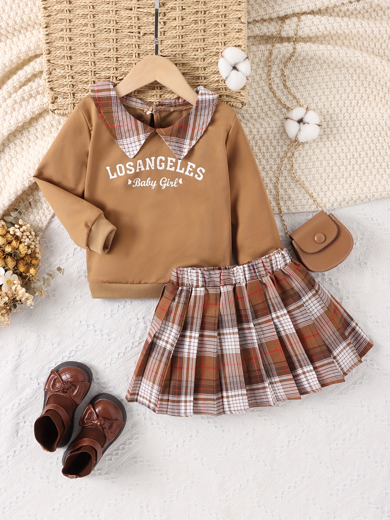Girl's Preppy Style Outfit 2pcs, GOOD Patched Sweatshirt & Plaid Pleated  Skirt Set, Kid's Clothes For Spring Autumn