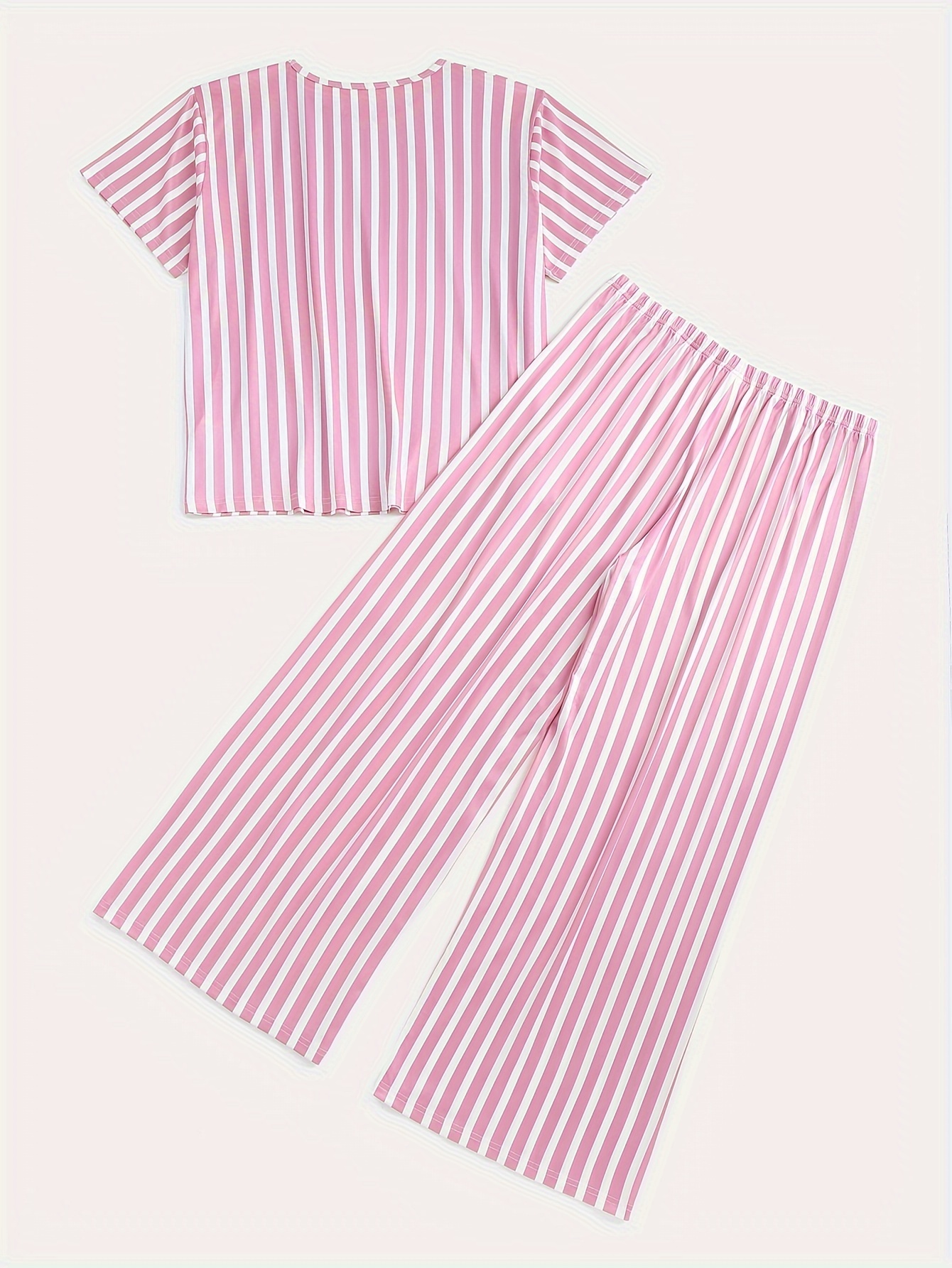 Striped Pattern Pajamas Set Short Sleeve Top & Pants 2 Piece