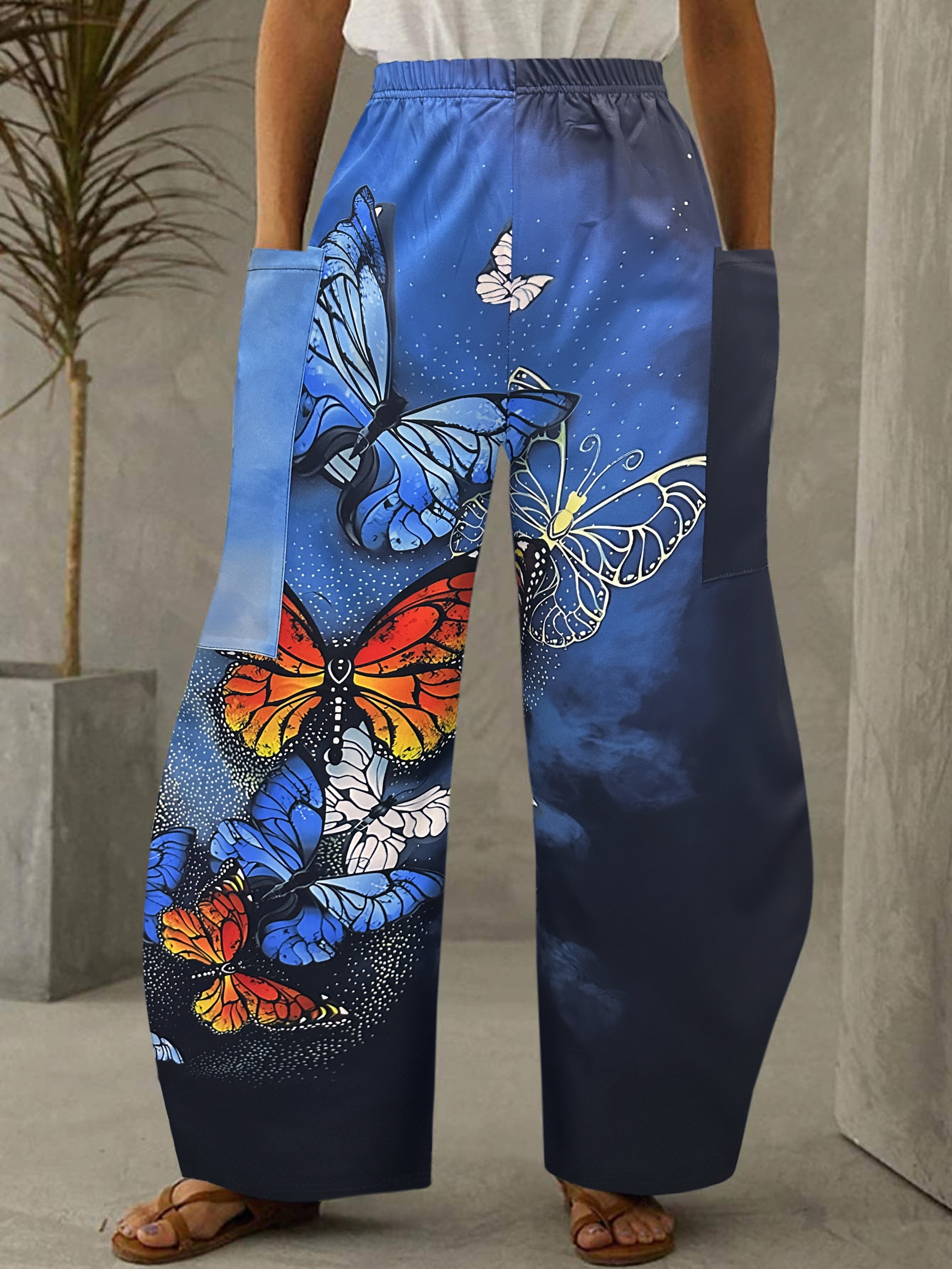 Butterfly Print Flare Leg Pants Y2k High Waist Slim Pants - Temu