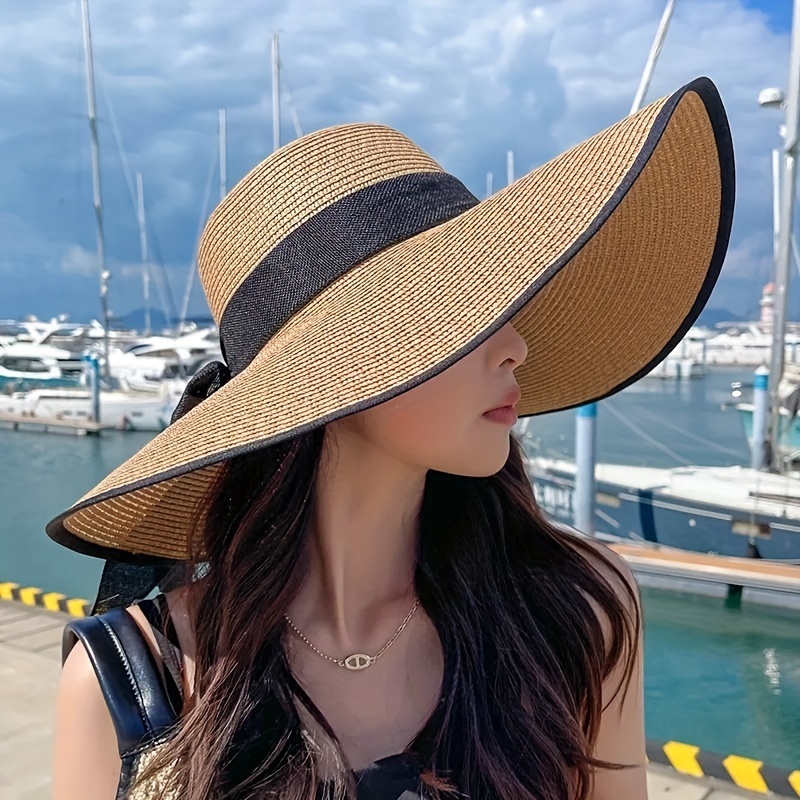 Trendy Travel Straw Hat Summer Wide Brim Hats Solid Color Foldable Floppy Sun Hats Outdoor UV Protection Beach Hats for Women,SUN/UV Protection,Temu