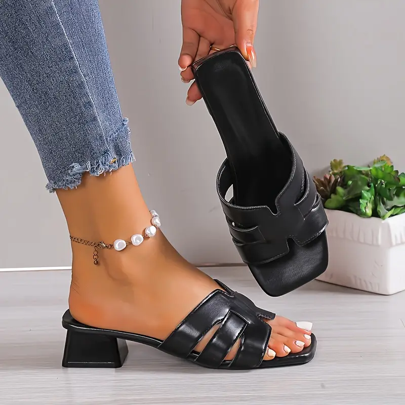 Women's Solid Color Trendy Sandals Slip Comfy Chunky Heel - Temu Canada