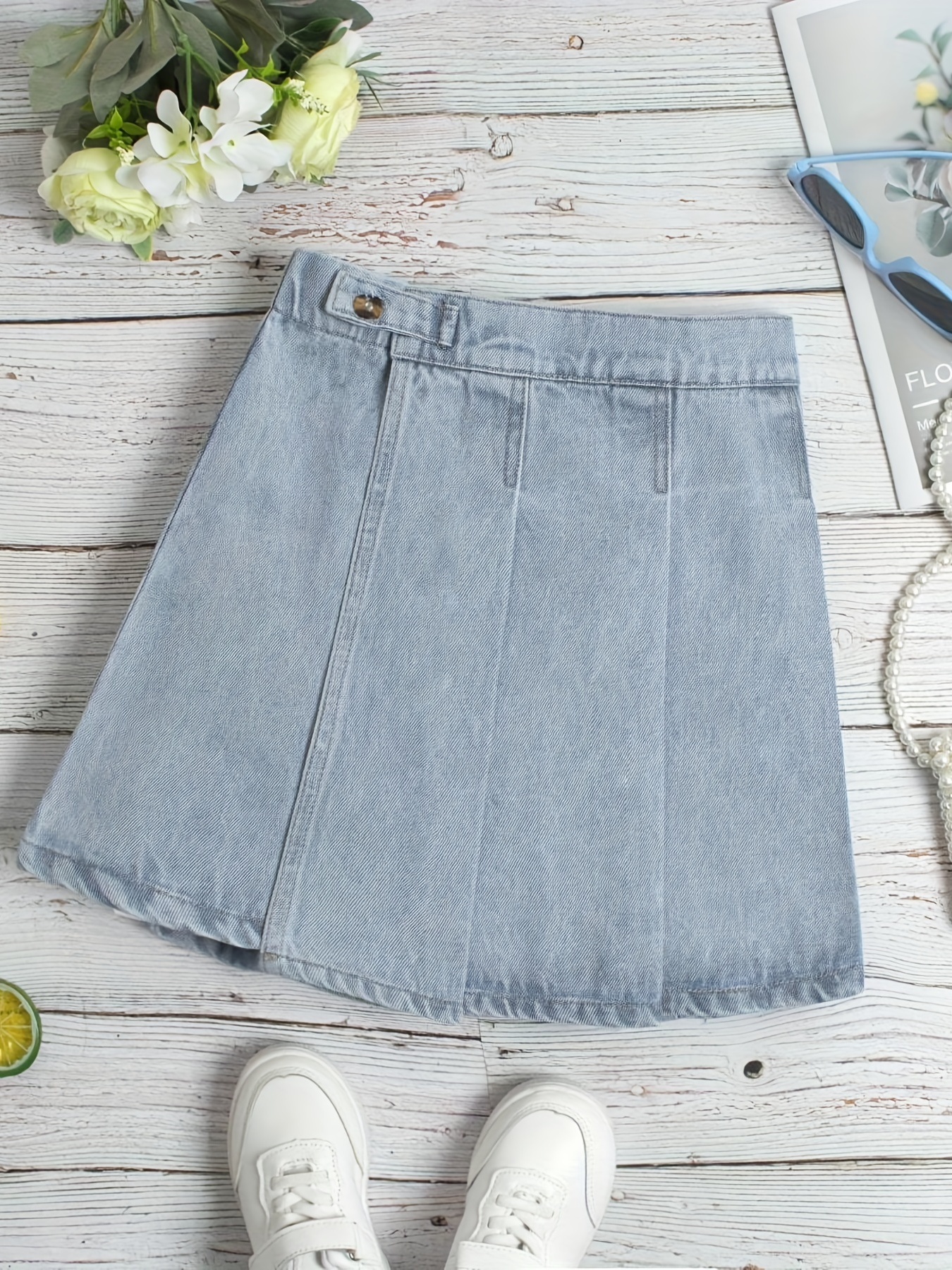 Girls Summer Denim Skirt with Button Decor