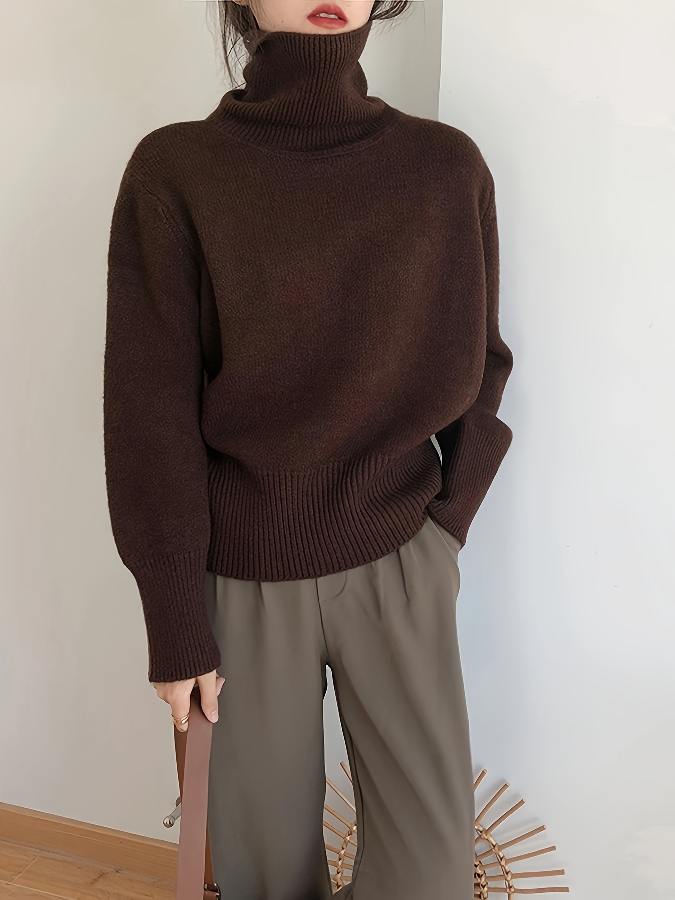 Solid Turtle Neck Pullover Sweater Casual Long Sleeve - Temu