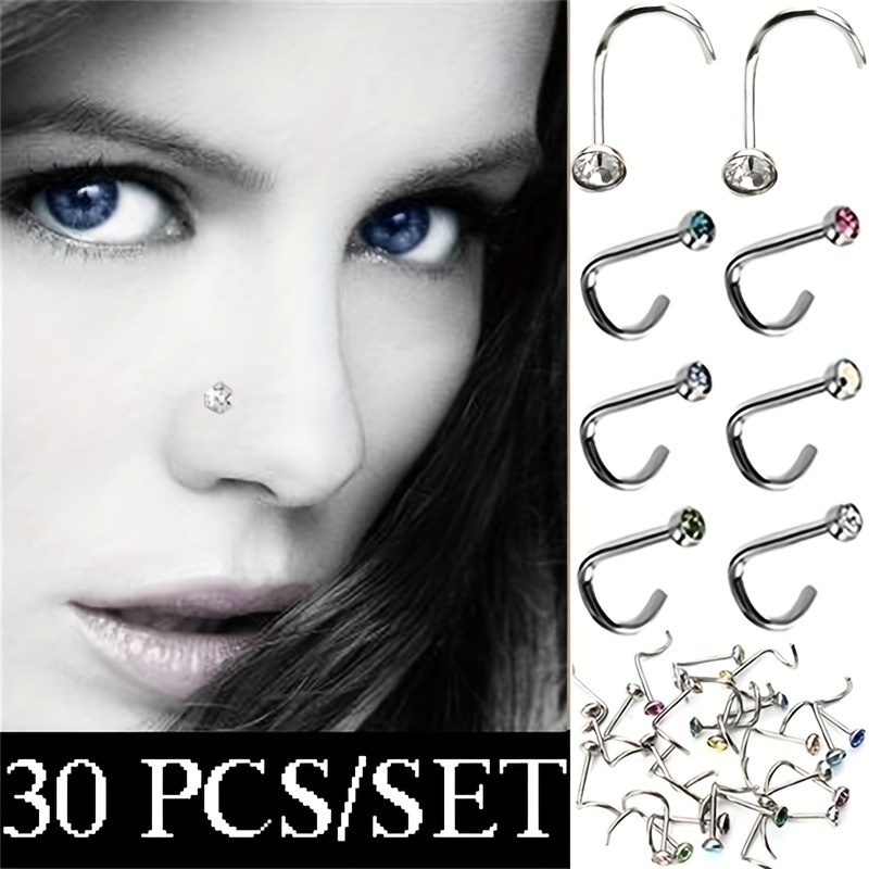 30 Pcs 2mm Rhinestone Nose Screw Ring Piercing Studs, Unisex