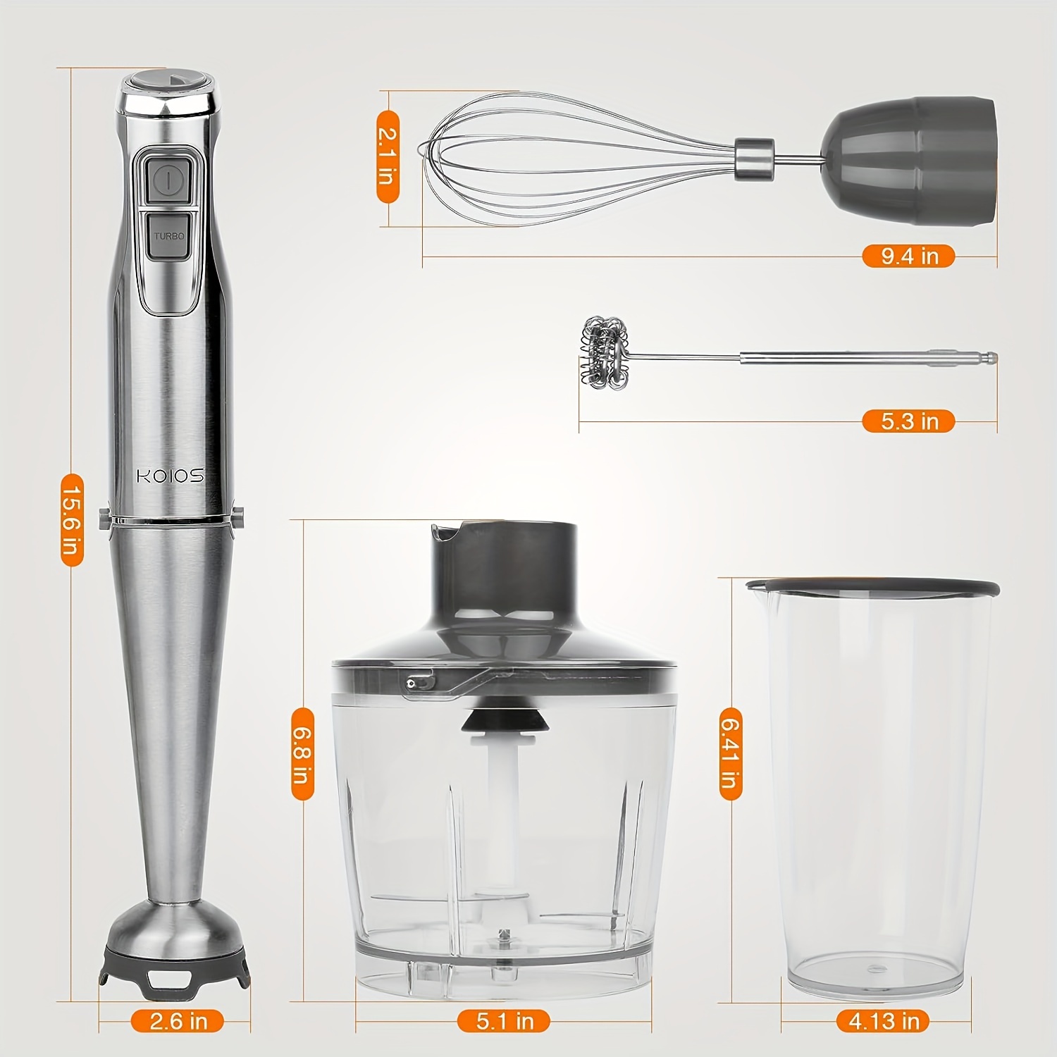 KOIOS 1100W Immersion Hand Blender, Stainless Steel Stick Blender with  12-Speed & Turbo Mode, 5-in-1 Handheld Blender with 600ml Mixing Beaker  with Lid, 500ml Chopper, Whisk, Milk Frother, BPA-Free 