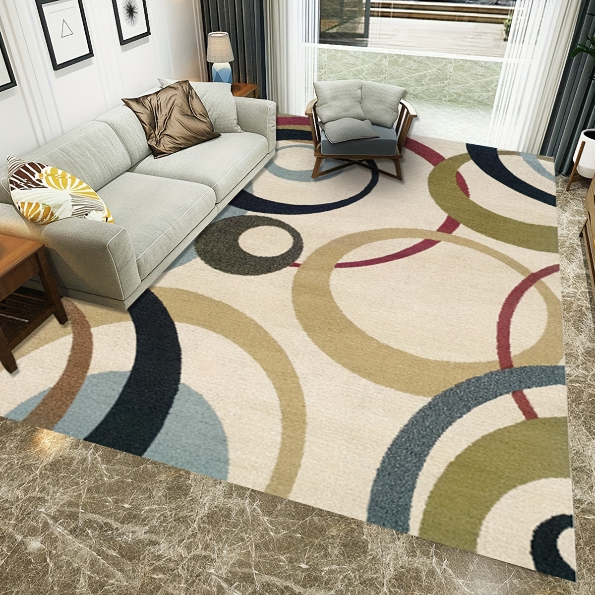 Geometric Area Rug Red Circle Pattern Soft Carpet