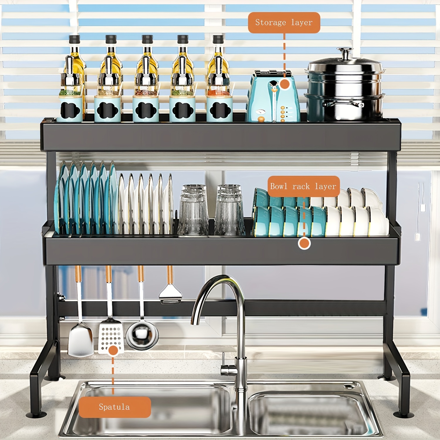 1/2 Tier Multifunctional Over The Sink Dish Drying Rack, Storage