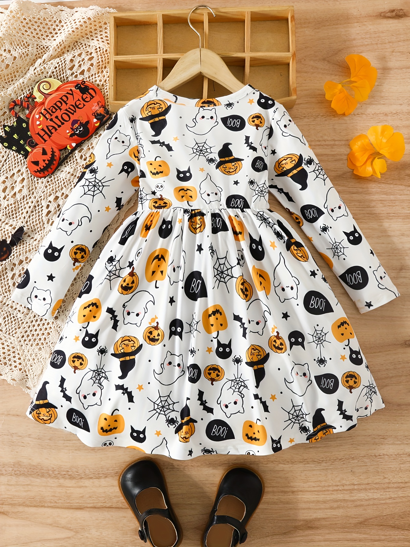 Halloween Pumpkin Print Long-sleeve Ruffle Baby Dress