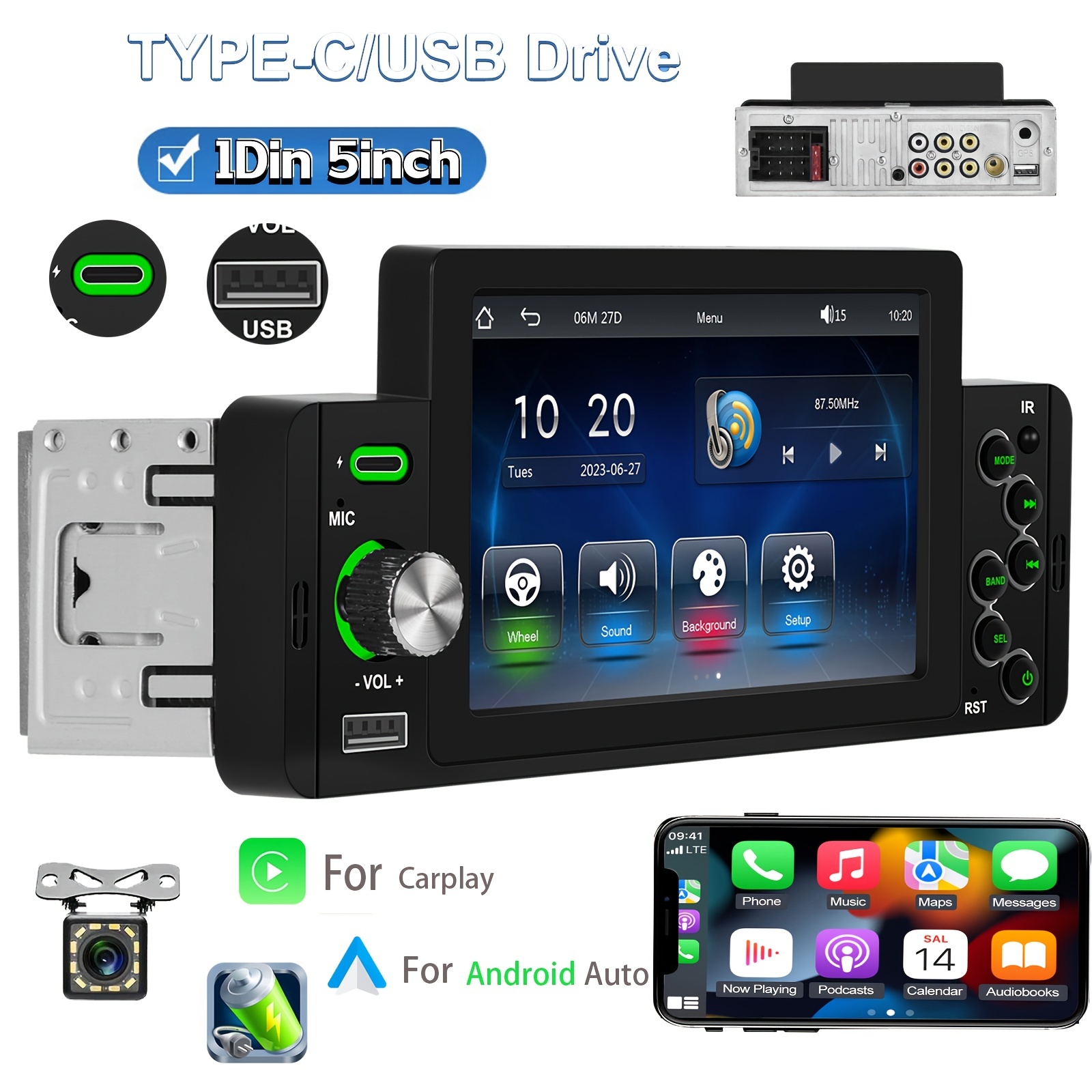 Estéreo de coche con pantalla táctil de un solo DIN con Apple CarPlay  Android Auto: Radio de coche de 5 pulgadas con Bluetooth Manos Libres FM  USB