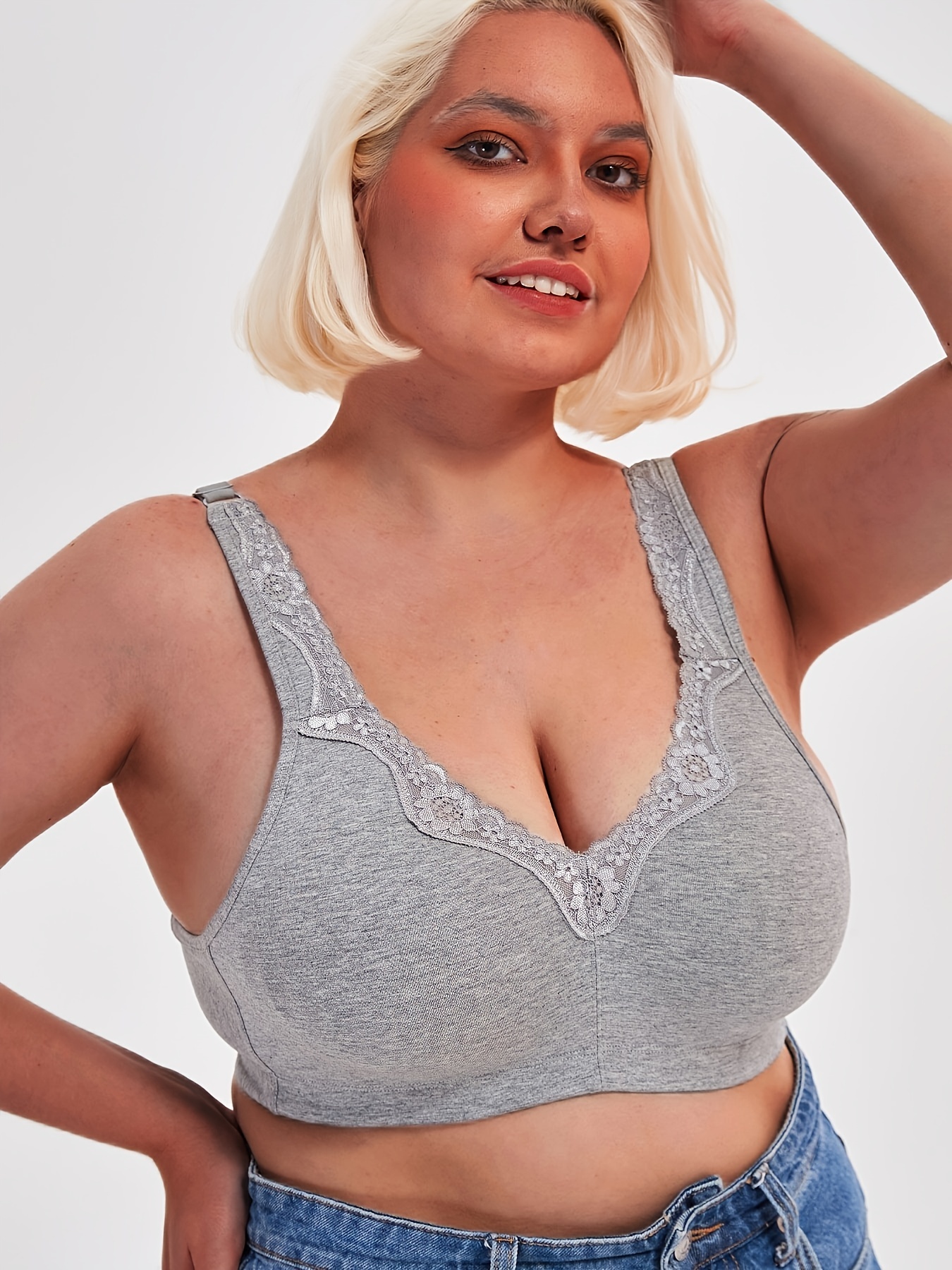 Plus Size Contrast Lace Semi Sheer Bra, Women's Plus Solid Medium Stretch  Sexy Bralette