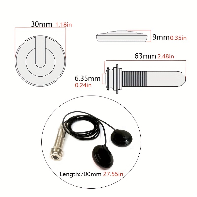 21-INCH Wire Length 1/4 Inch Output Jack 2 In 1 Piezo Pickup Disc  Transducer For Guitar Violin Ukulele Mandolin Banjo Cello(