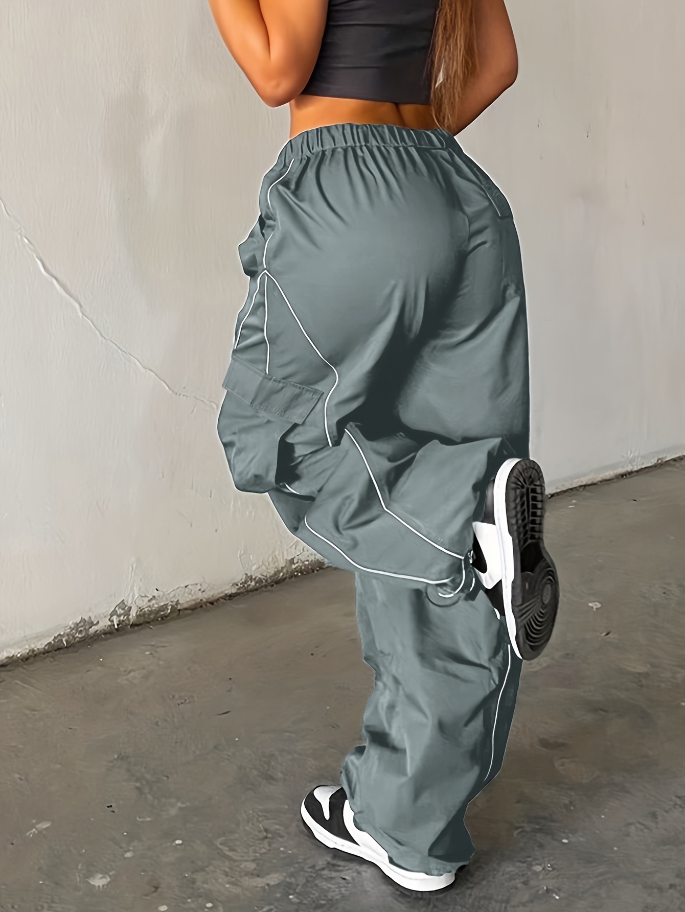 Ruched Cargo Pants Y2k Solid Striped Elastic Waist Draped - Temu