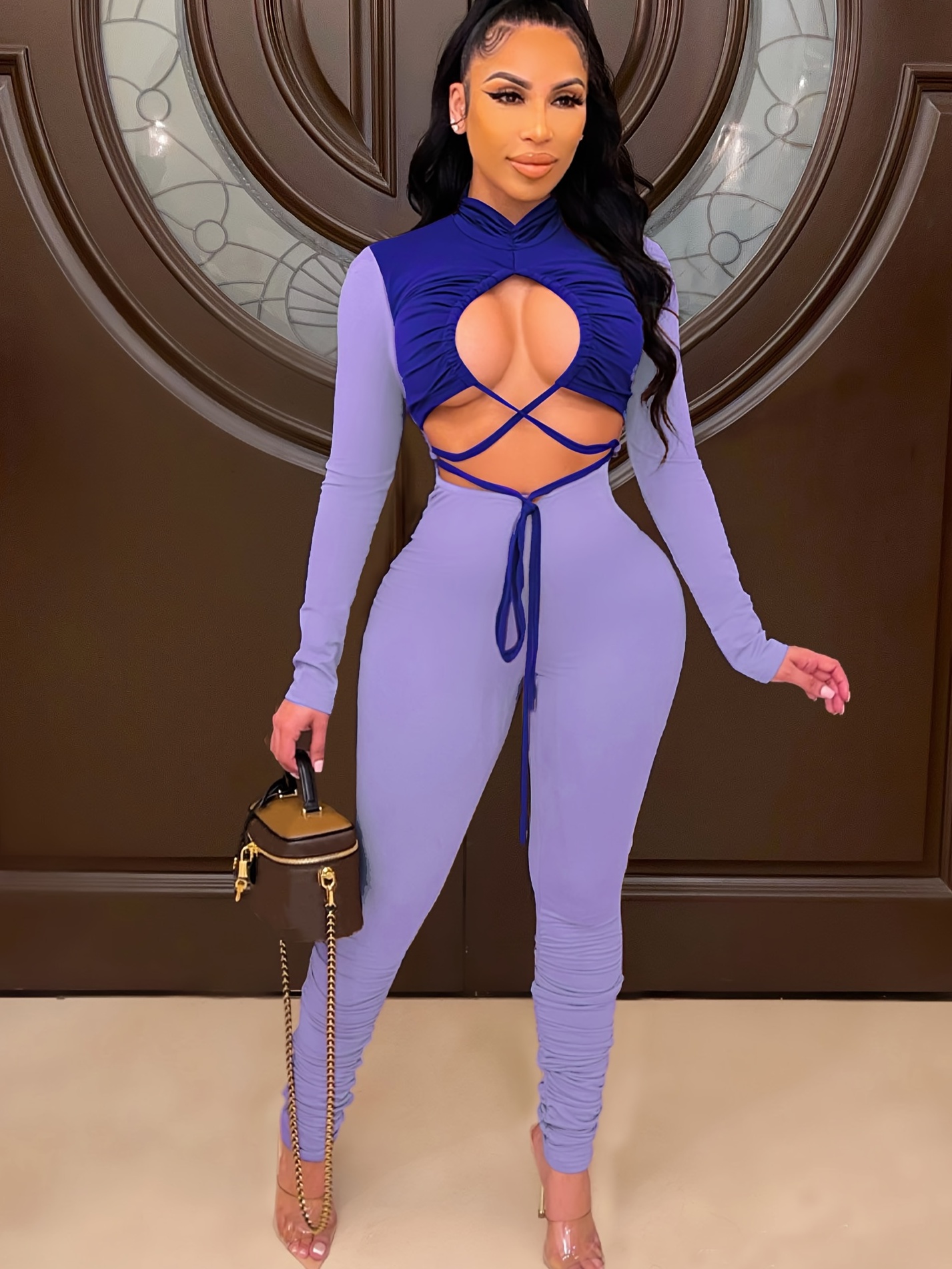 Women Ribbed Long Sleeve Bodysuit Solid Color Bodycon Jumpsuit