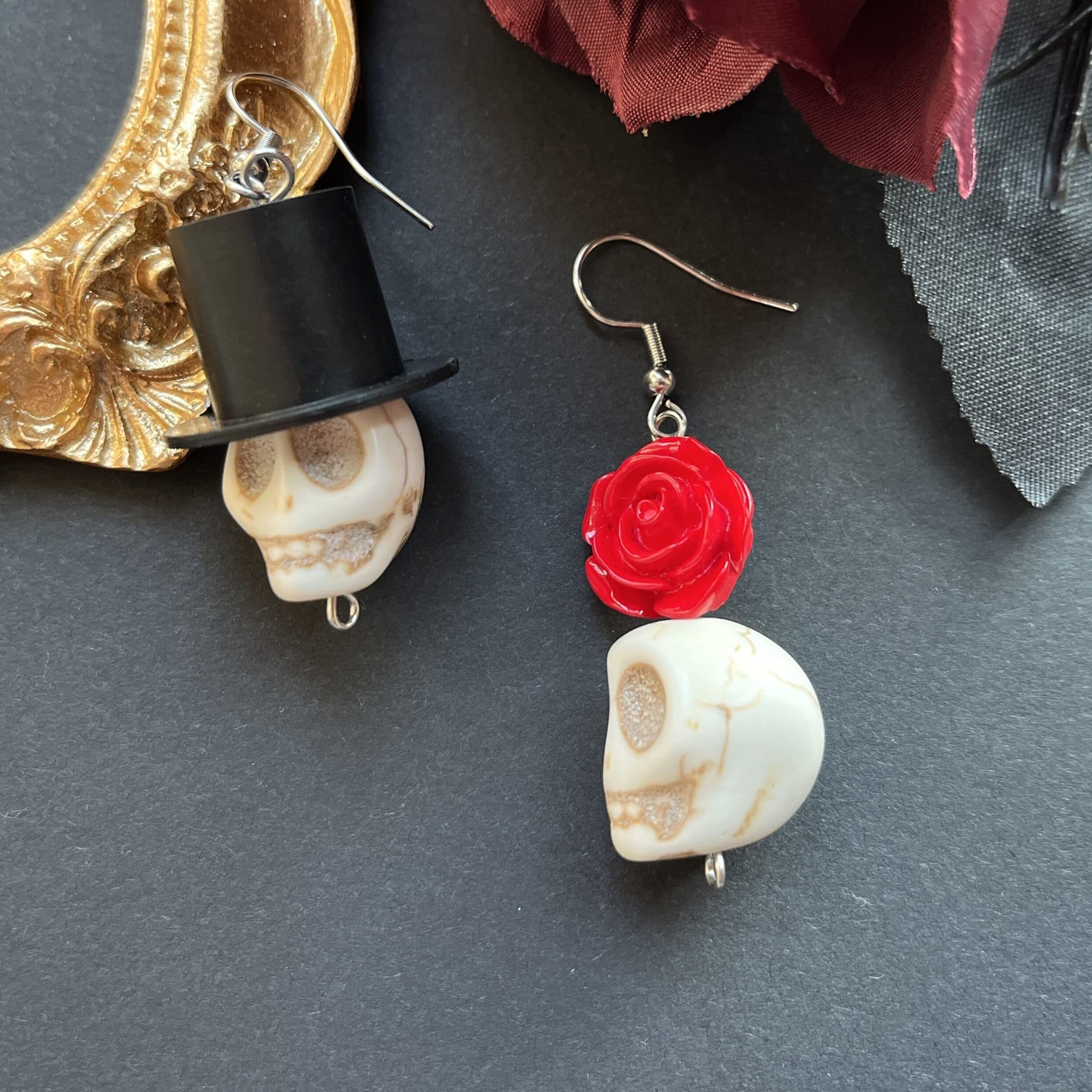 Gothic Skull & Rose Earrings Halloween Resin Crafted Iron Hooks