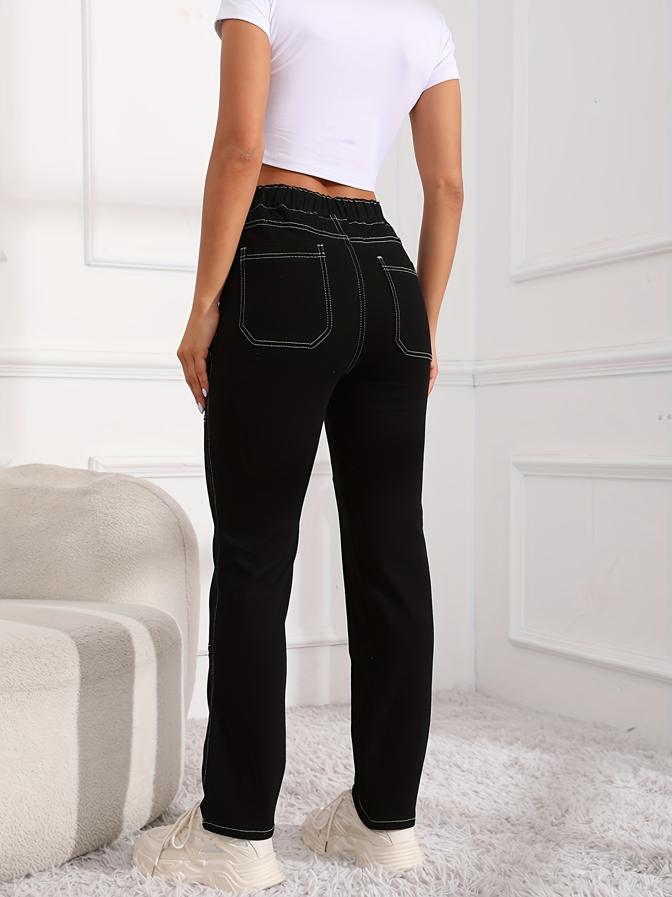 drawstring elastic waist straight jeans loose fit stretchy denim pants womens denim jeans clothing