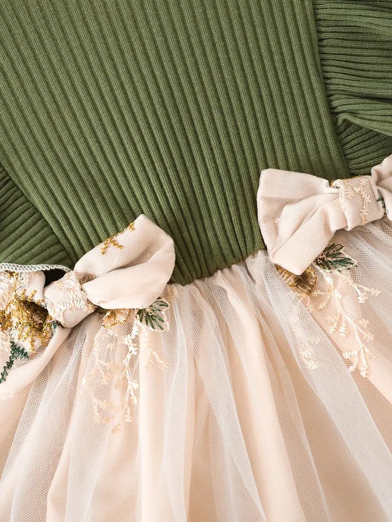 girls ruffle long sleeve bow stitching flower mesh tutu dress for toddler kids spring autumn details 1