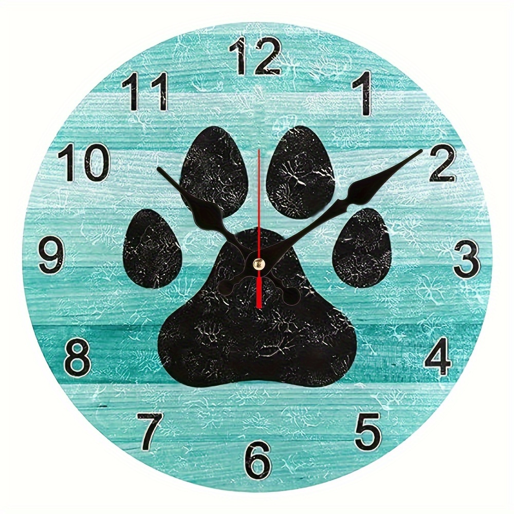 

1pc Teal Wood Black Dog Paw Print Wall Clock Round Non Ticking Silent For Bedroom Bathroom Lobby Wall Decoration Aa Battery (not Included)