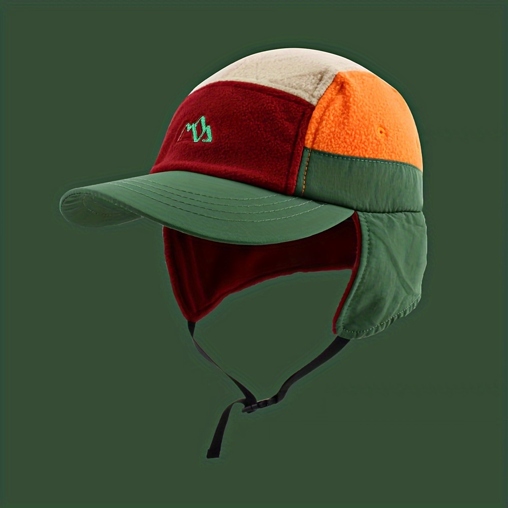 Color Block Earflap Baseball Cap Vintage Embroidery Lightweight Ear Warmer  Hats Casual Windproof Adjustable Bomber Hat For Women Men