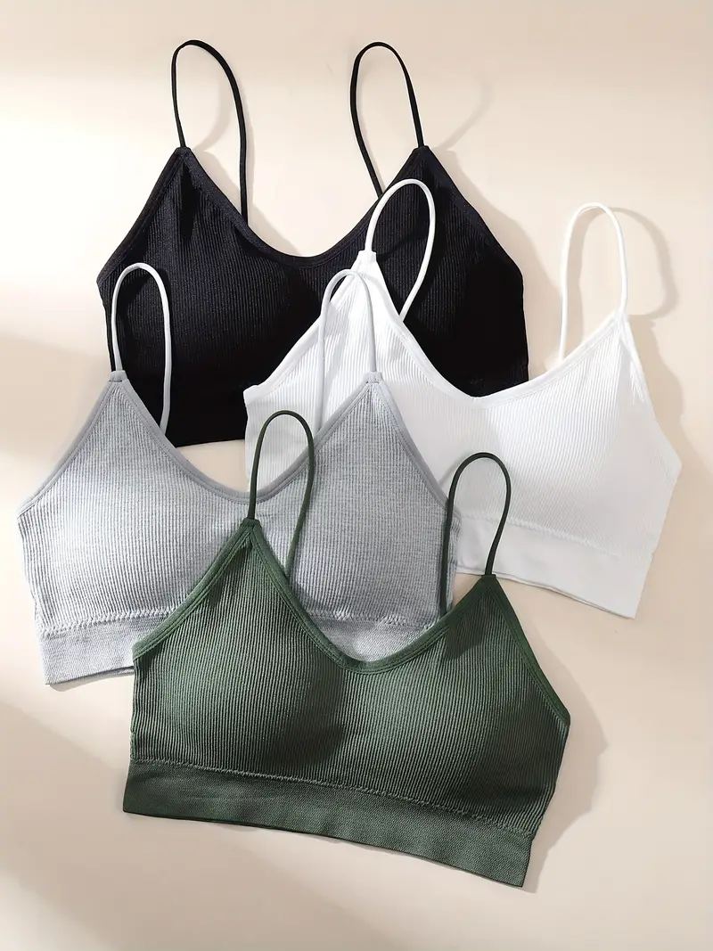 4pcs Solid Ribbed Wireless Bras, Simple & Comfy Intimates Bra, Women's  Lingerie & Underwear