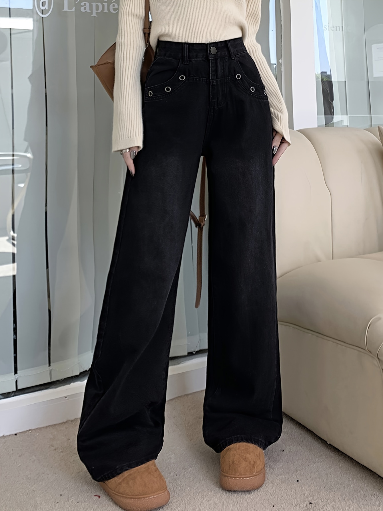 Eyelet Slant Pocket Vintage Wide Leg Jeans, Niche Design Loose Stylist  Denim Pants, Women's Denim Jeans & Clothing