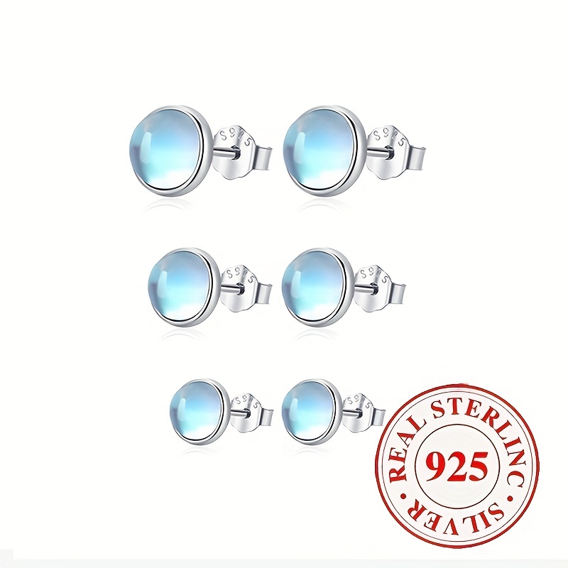 

Sterling 925 Silver Hypoallergenic Ear Jewelry Round Blue Moonstone Decor Stud Earrings Elegant Simple Style Trendy Female Gift