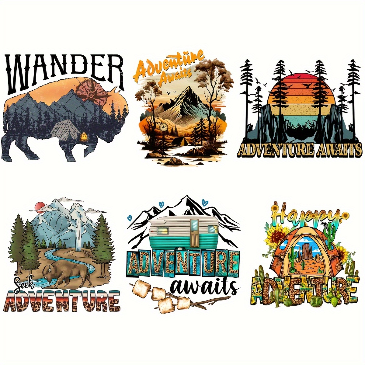 6pcs/set Outdoor Hiking Adventure Awaits Camping Designs Stickers DIY Iron  On Transfer Travel Wildlife Stickers For T-shirts Jackets Jeans Heat Transf