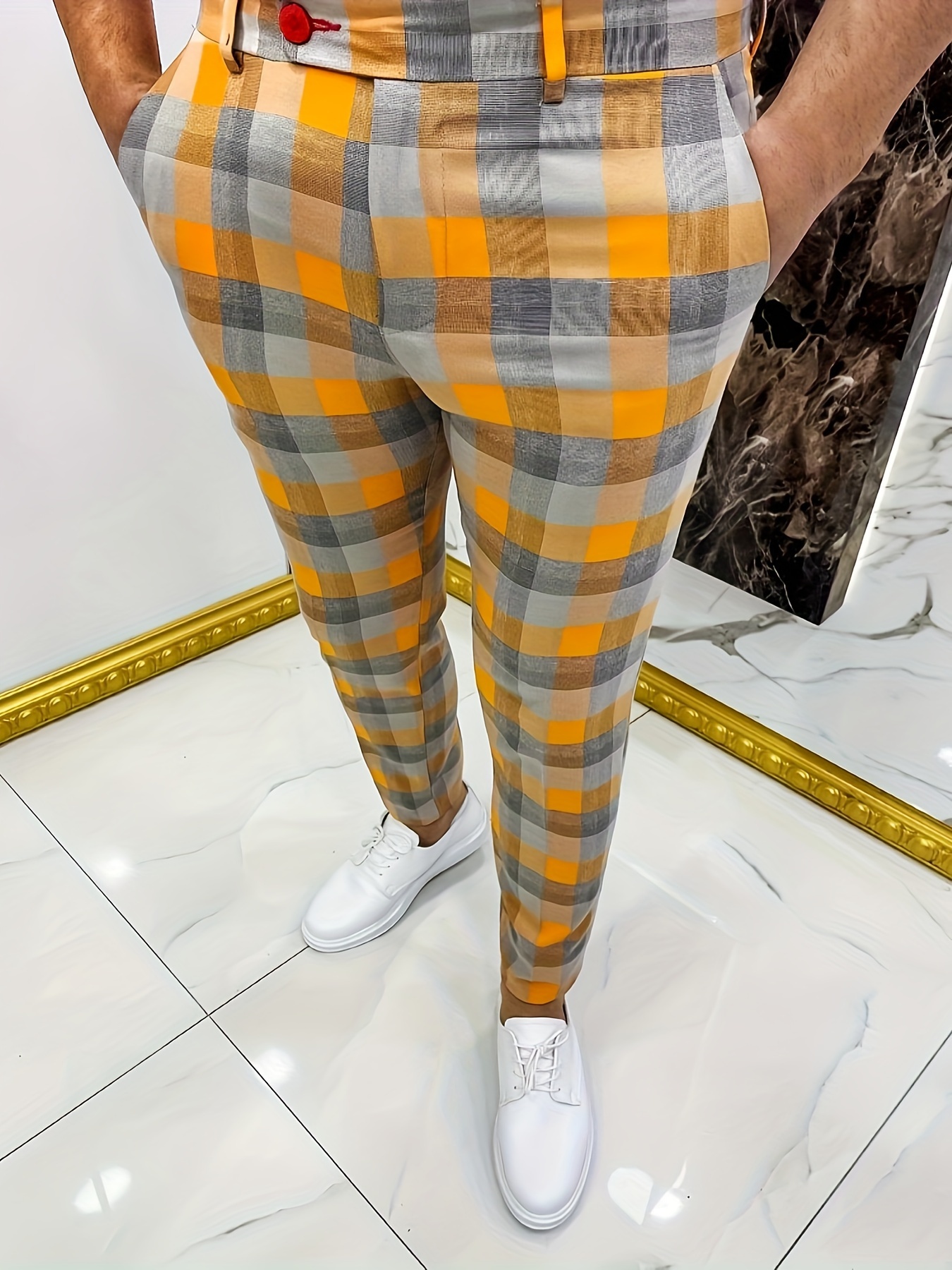 Orange Plaid Side Chain Pants
