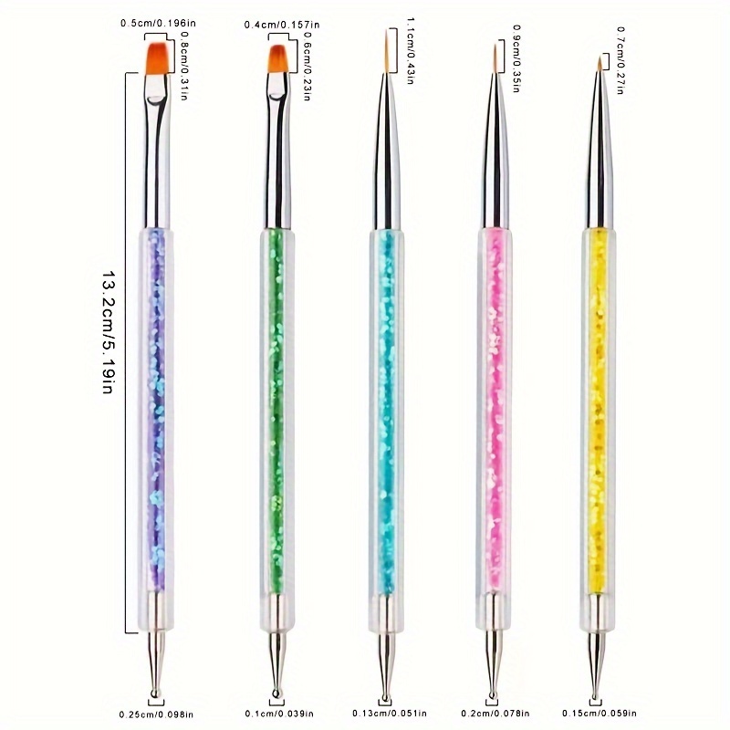 TEMU Nail Art Brushes, 5pcs Double-ended Acrylic Nail Brush Including 7/9/11mm Nail Liner Brush Flat Brushes And Nail Dotting Tools For Nail Art Design