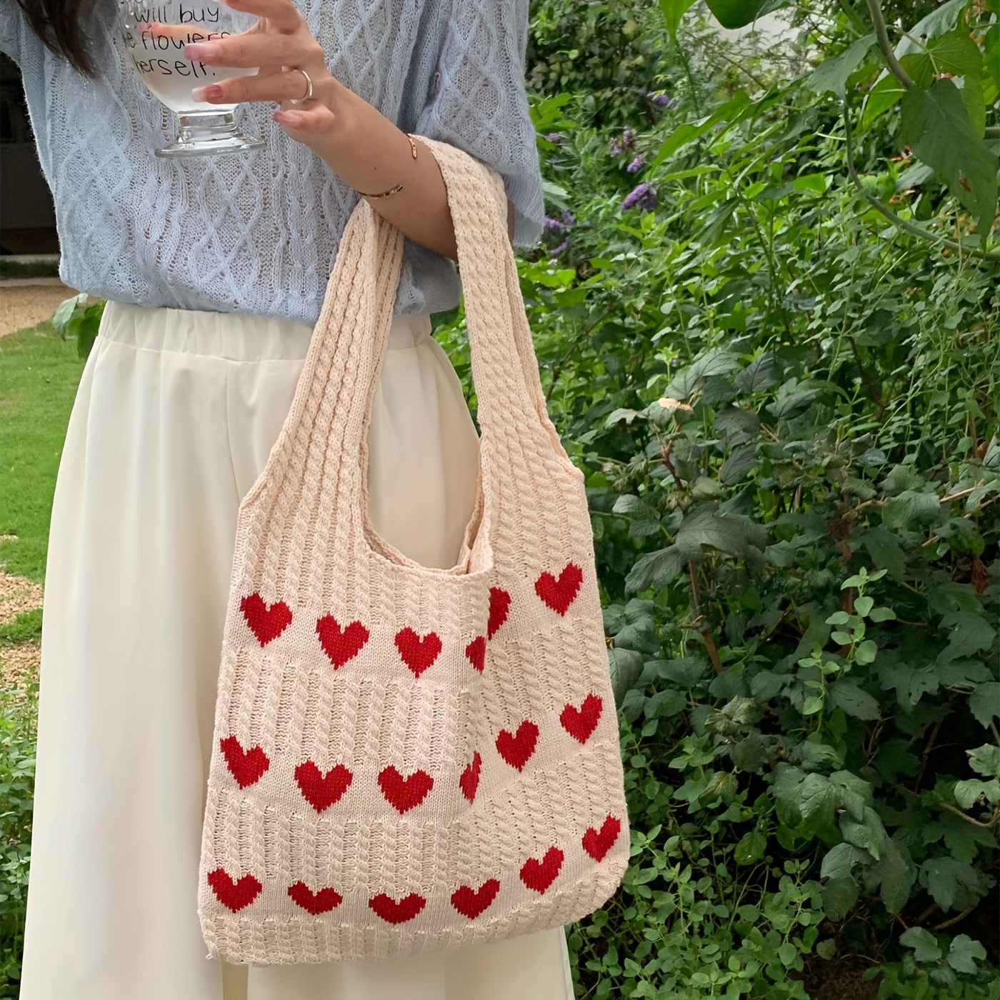 Trendy Heart Pattern Knitted Tote Bag, Large Capacity Shoulder Bag, Perfect  Underarm Bag For Daily Use - Temu