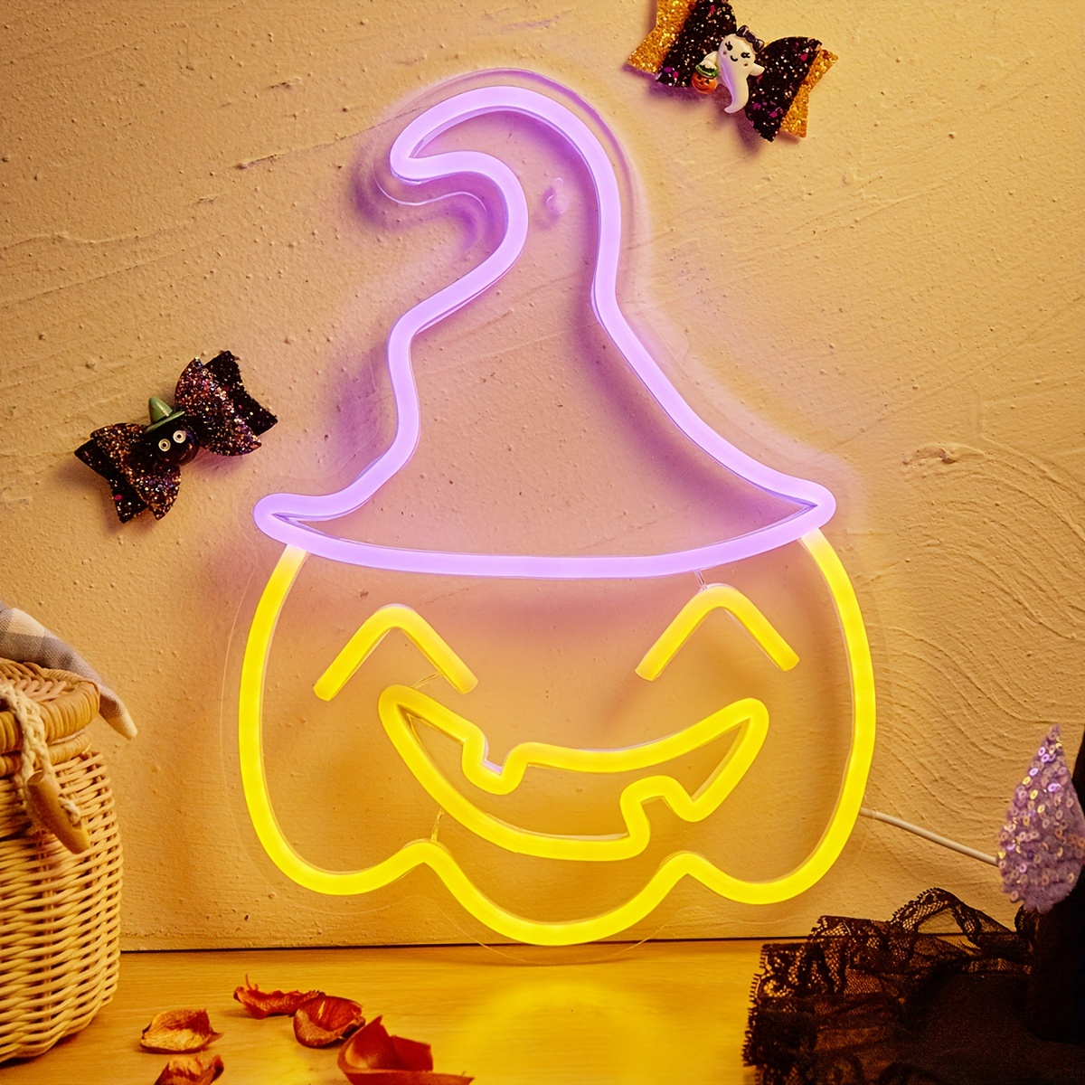 Chapeau de sorcière Citrouille Signes, pour décoration murale Lumière en  néon pour la fête d'Halloween Décoration extérieure de la maison