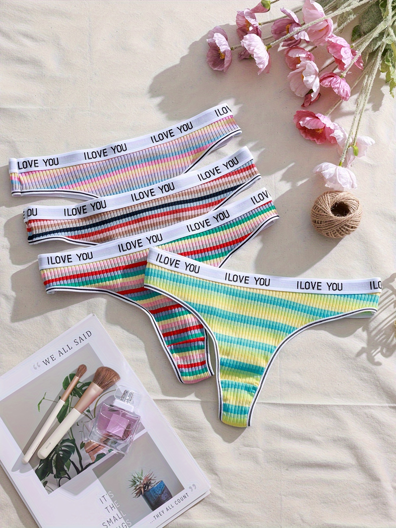 Striped Letter Tape Thongs Soft Comfy Stretchy Ribbed - Temu Canada
