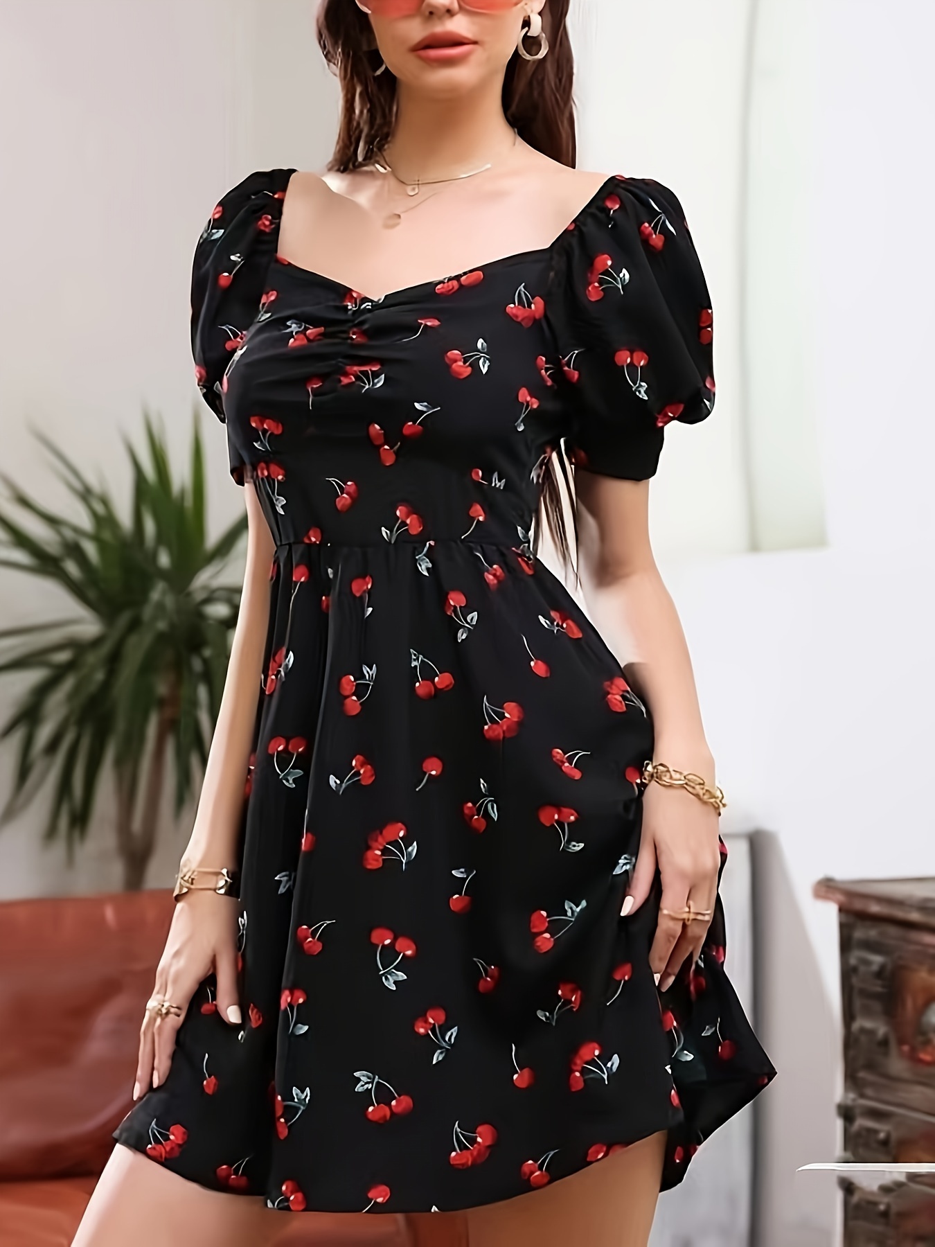 cherry print sweetheart neck dress elegant puff sleeve Temu