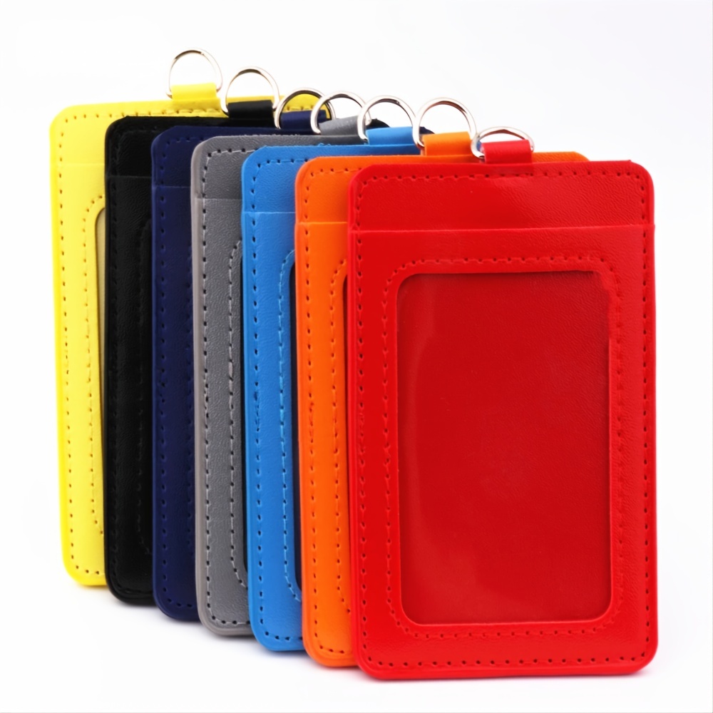 Luxury PU Leather Double Card Sleeve ID Badge Case Clear Bank Credit Card  Badge Holder Coin Purse Zip Card Bag with Neck Lanyard