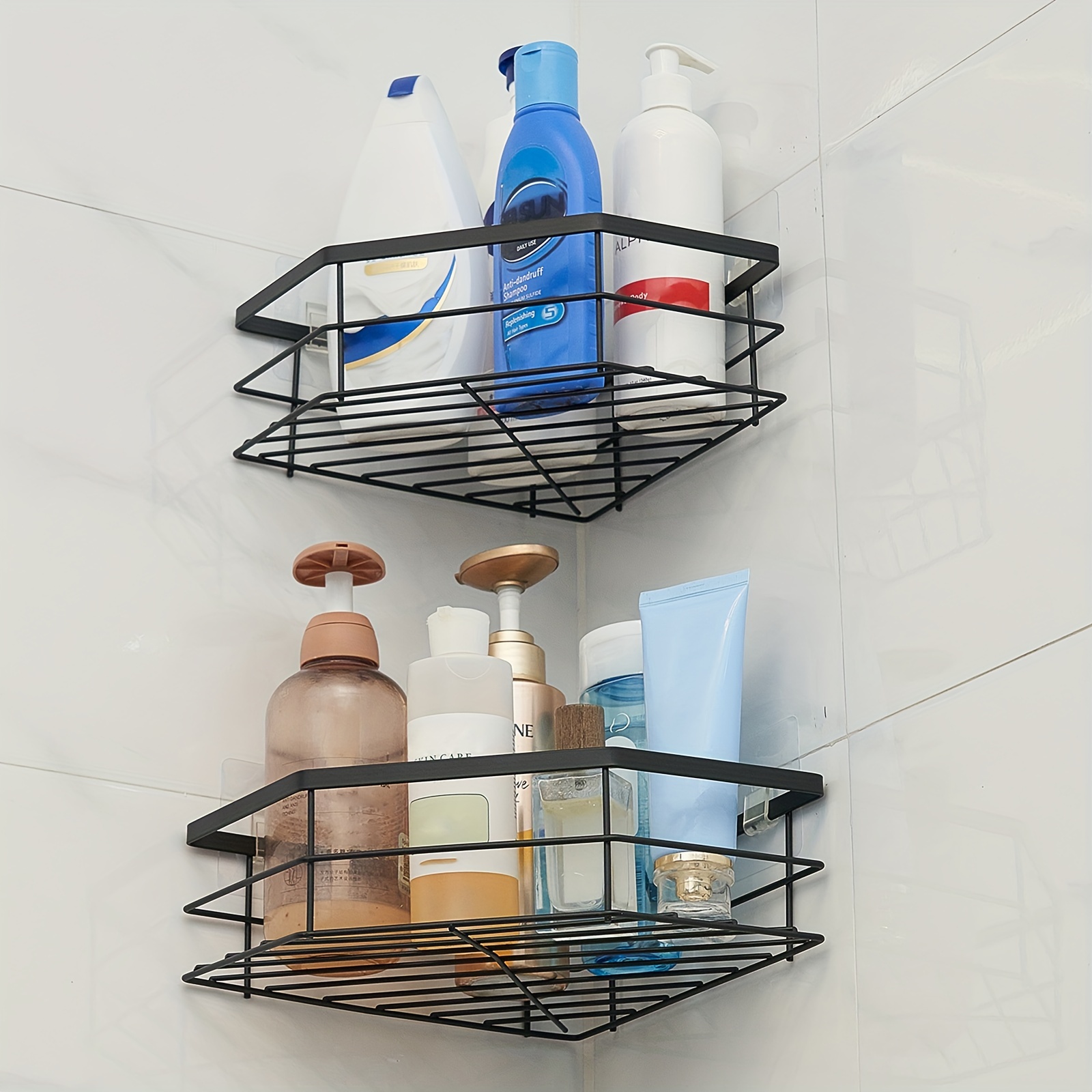 Corner Shower Caddy, 2 Pack Adhesive Organizer with Hooks, Shelf for Inside  Shower, Stainless Steel Rack Bathroom Storage, Bathtub No Drilling, Black