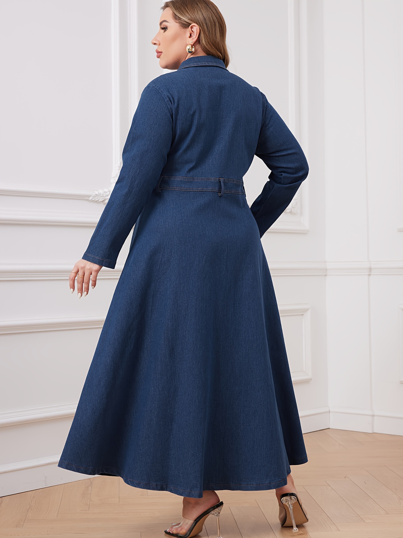 Plus Size Casual Denim Dress Women's Plus Solid Long Sleeve - Temu