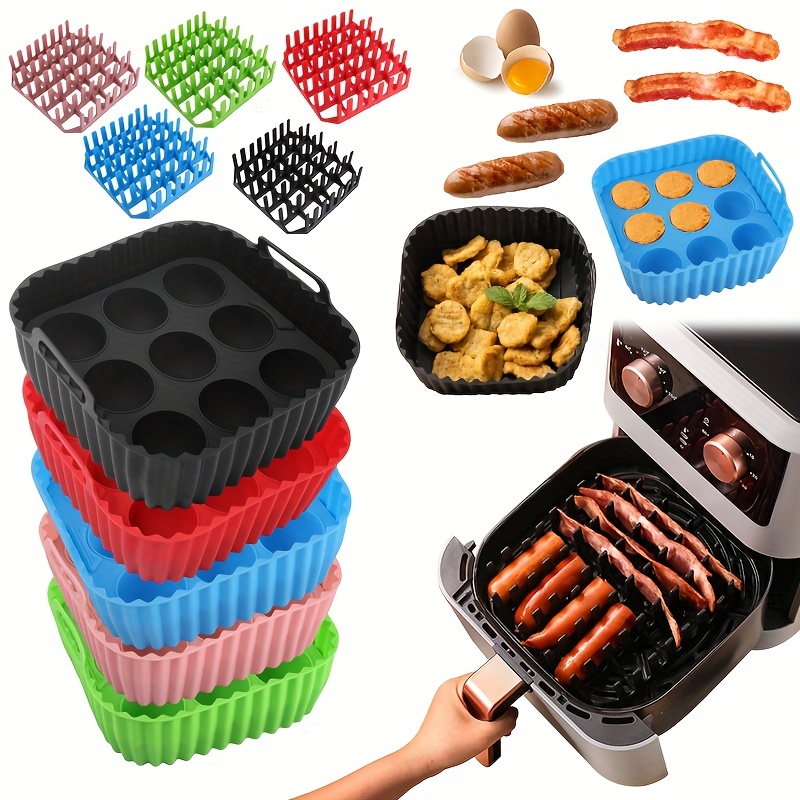 

1set, Premium Square Air Fryer Silicone Set - Bacon & Hot Dog Rack, 9-cavity Cake Mold, Air Fryer Pan - Bpa-free, Dishwasher Safe - Compatible With 7qt+ Air Fryers