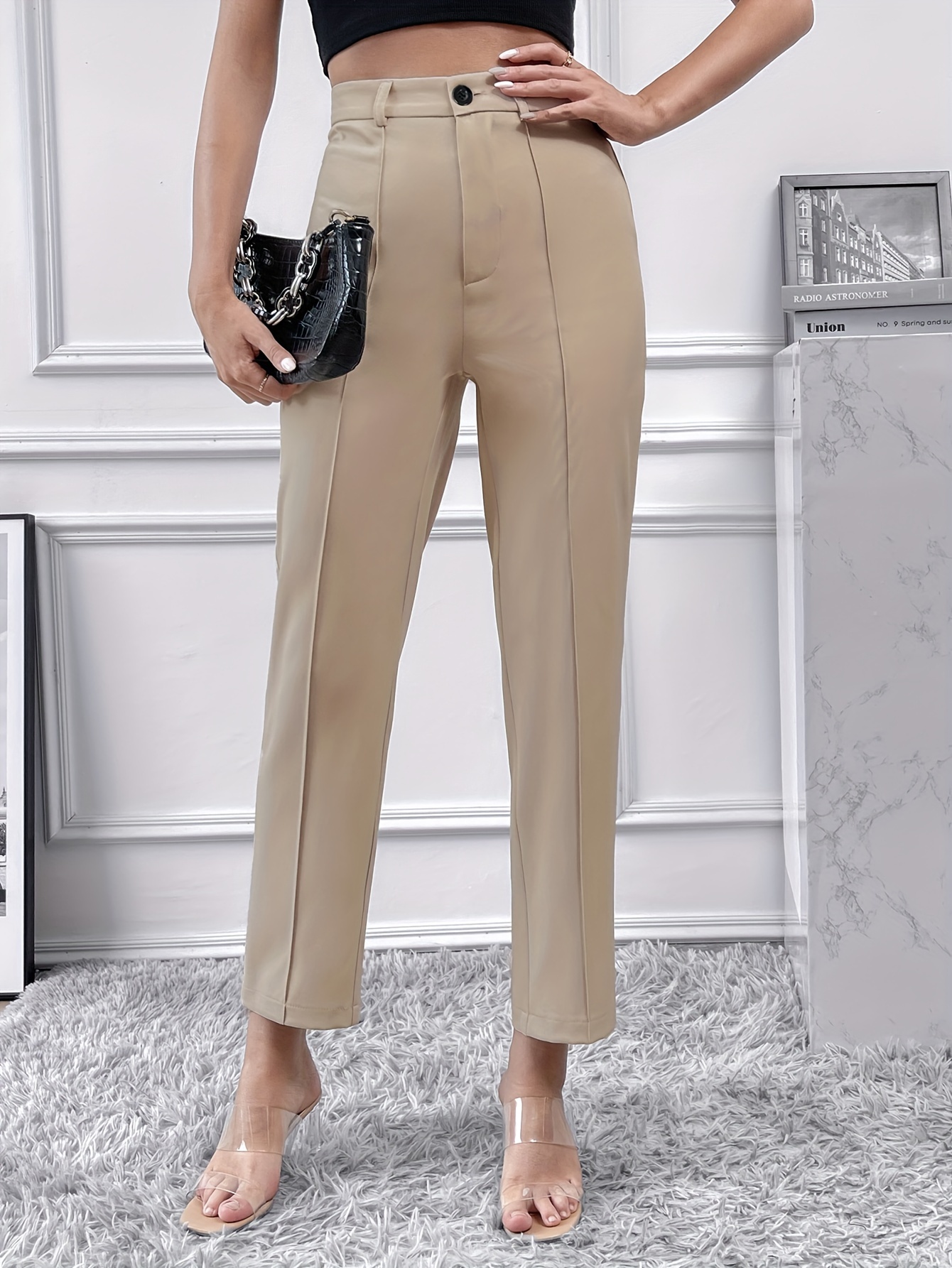 Pantalones de cintura alta sólidos, elegantes pantalones de longitud larga  para el trabajo de oficina, ropa de mujer