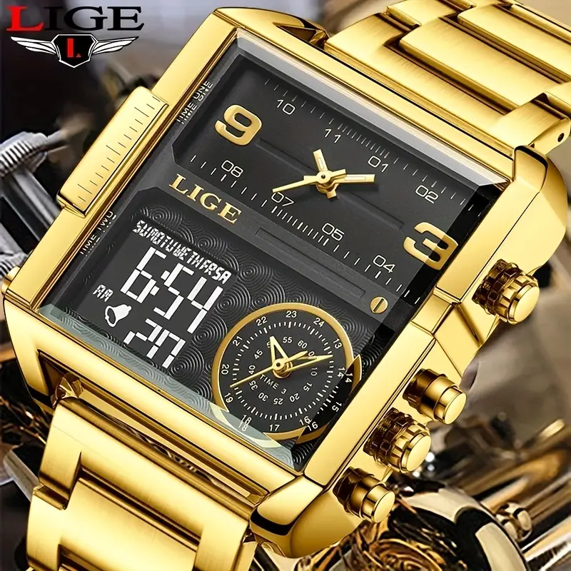 Lige New Top Brand Luxury Fashion Men Watches Golden Steel Sports Square  Digital Analog Big Quartz Watch Man Relogio Masculino, Don't Miss Great  Deals