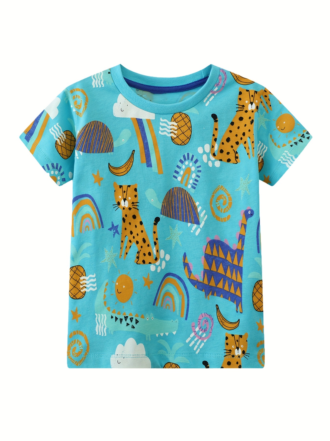 Cartoon Animals Fruits Sun Star Print Cotton T shirt Round - Temu