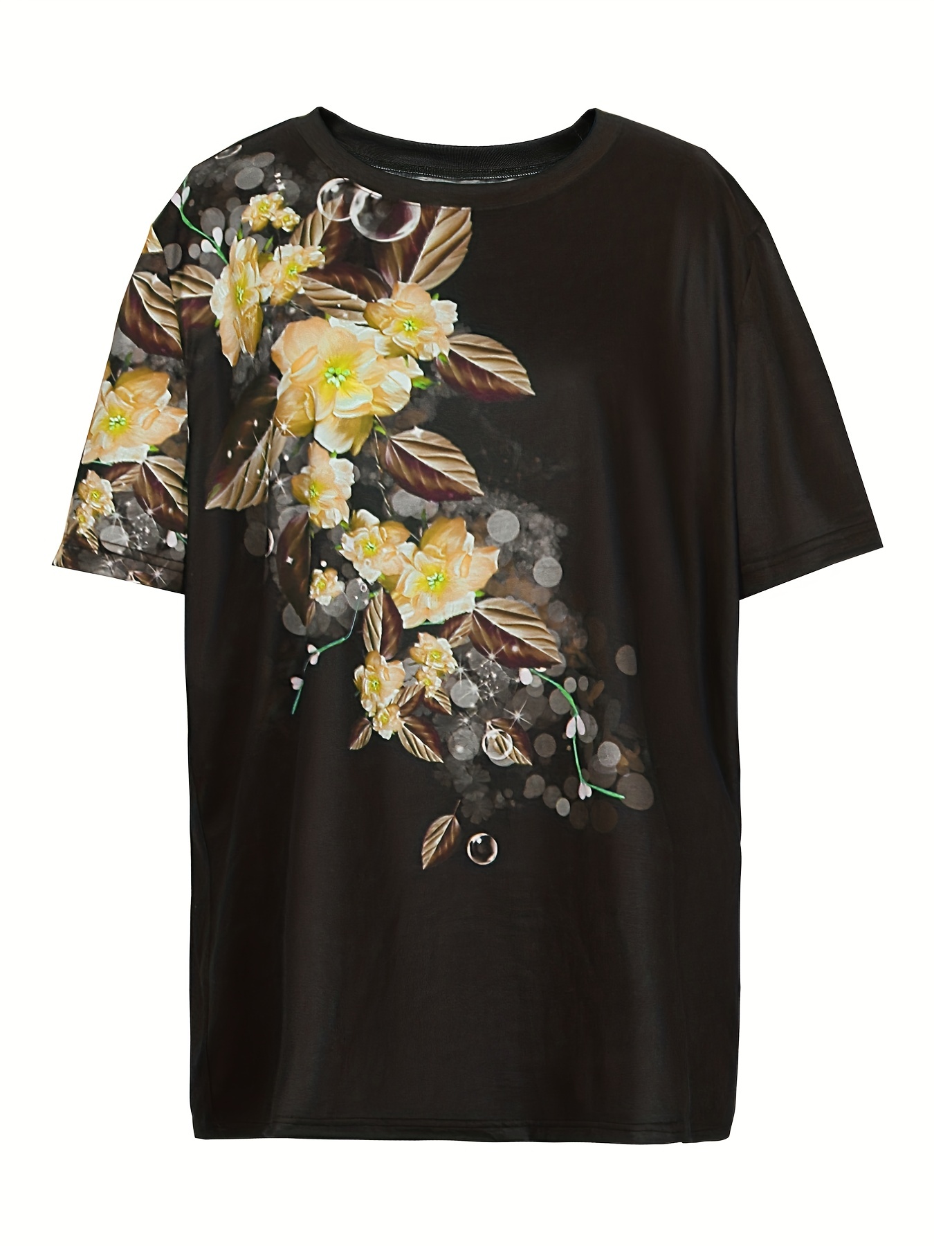 Crew-neck floral print blouse, golden flowers - Plus Size. Colour