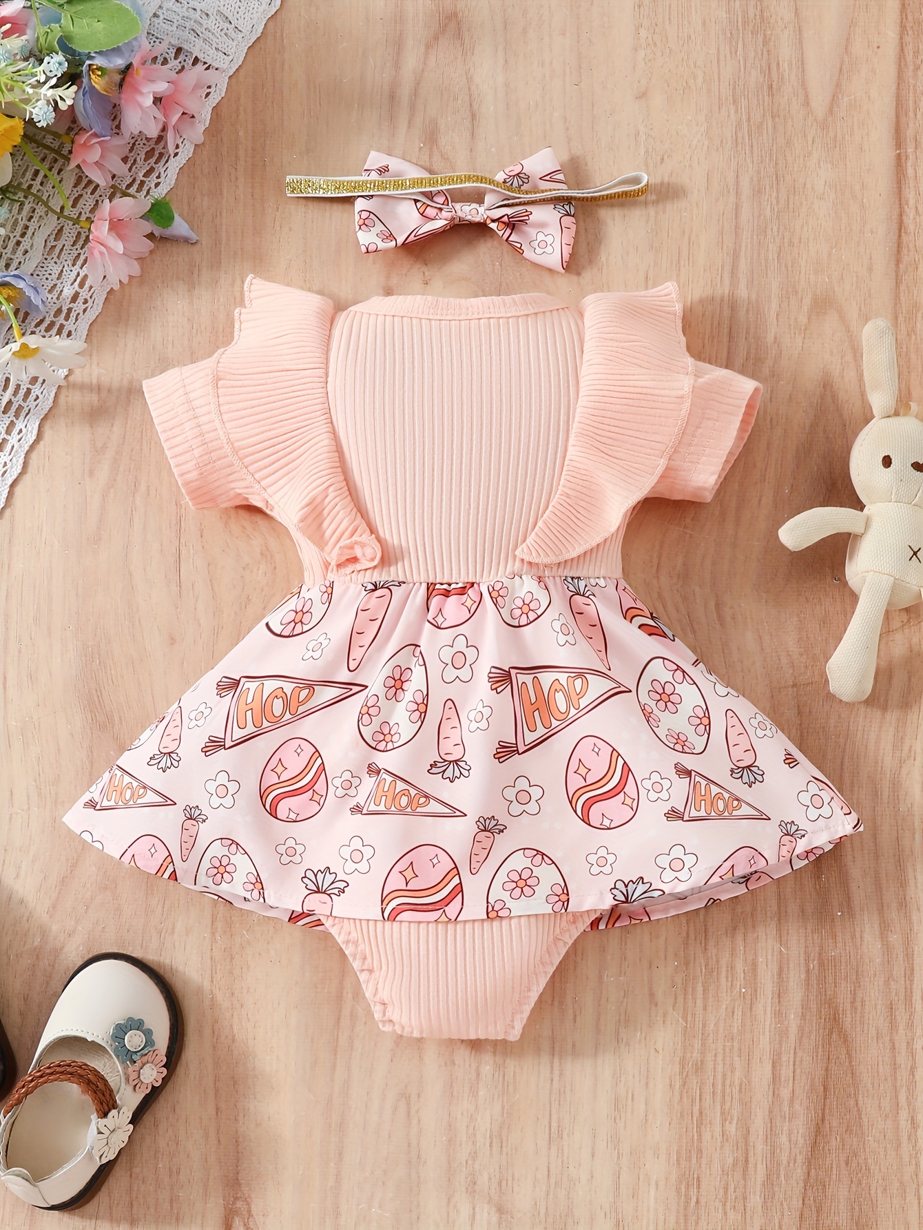 baby girls spring and summer easter cartoon print triangle romper dress baby sweet wave edge easter jumpsuit childrens clothing baby climbing clothes