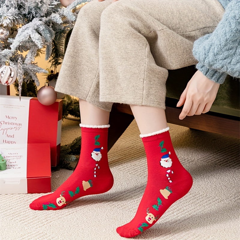 5 Pairs Cartoon Christmas Socks, Warm & Cute Fuzzy Mid Tube Socks, Women's  Stockings & Hosiery