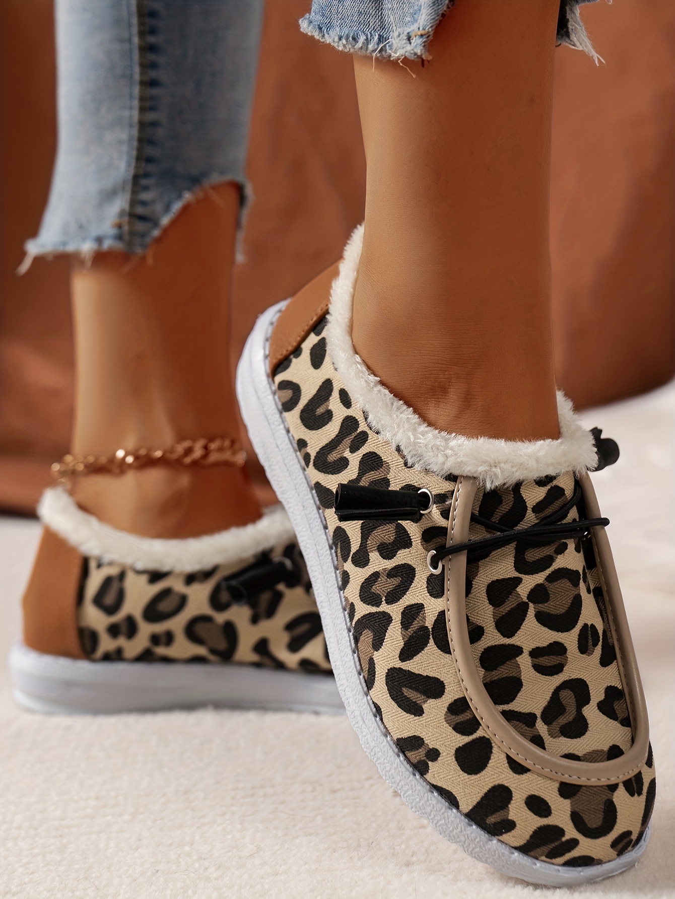 womens leopard print canvas shoes casual lace up plush lined shoes lightweight low top shoes details 8