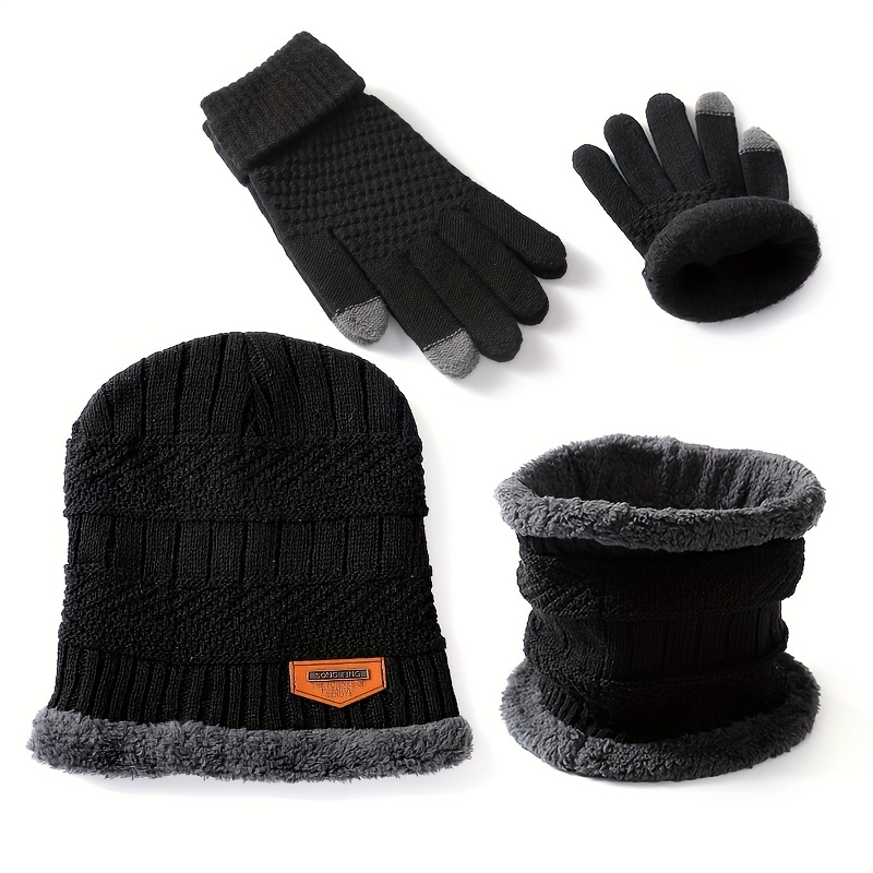Winter Knit Beanie Hat Neck Warmer Gloves Set, Fleece Lined Skull Cap Infinity Scarves Touch Screen Mittens for Men Women (Black)