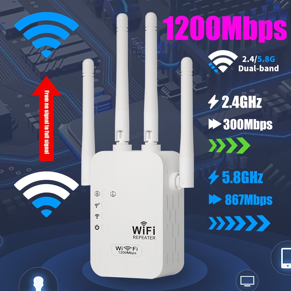 EU-WiFi Extender, WiFi Booster 1200Mbps 2,4&5GHz WiFi Repeater, WiFi Range  Extender 4 antenner 360° full täckning, Ethernet-port - Temu Sweden