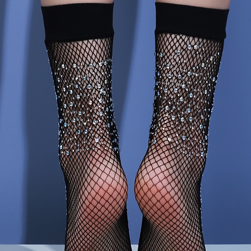Rhinestone Black Fishnet Stockings, Sheer Fishnet * Tube Socks, Women's  Underwear & Hosiery for Music Festival