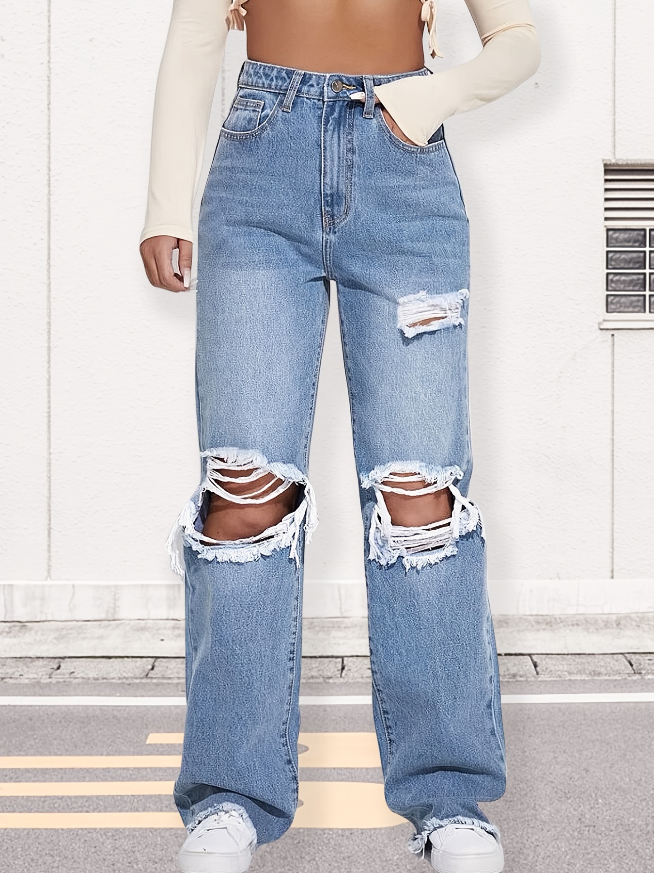 High Rise Ripped Knee Stacked Jeans, Straight Leg Loose Fit High Waist ...