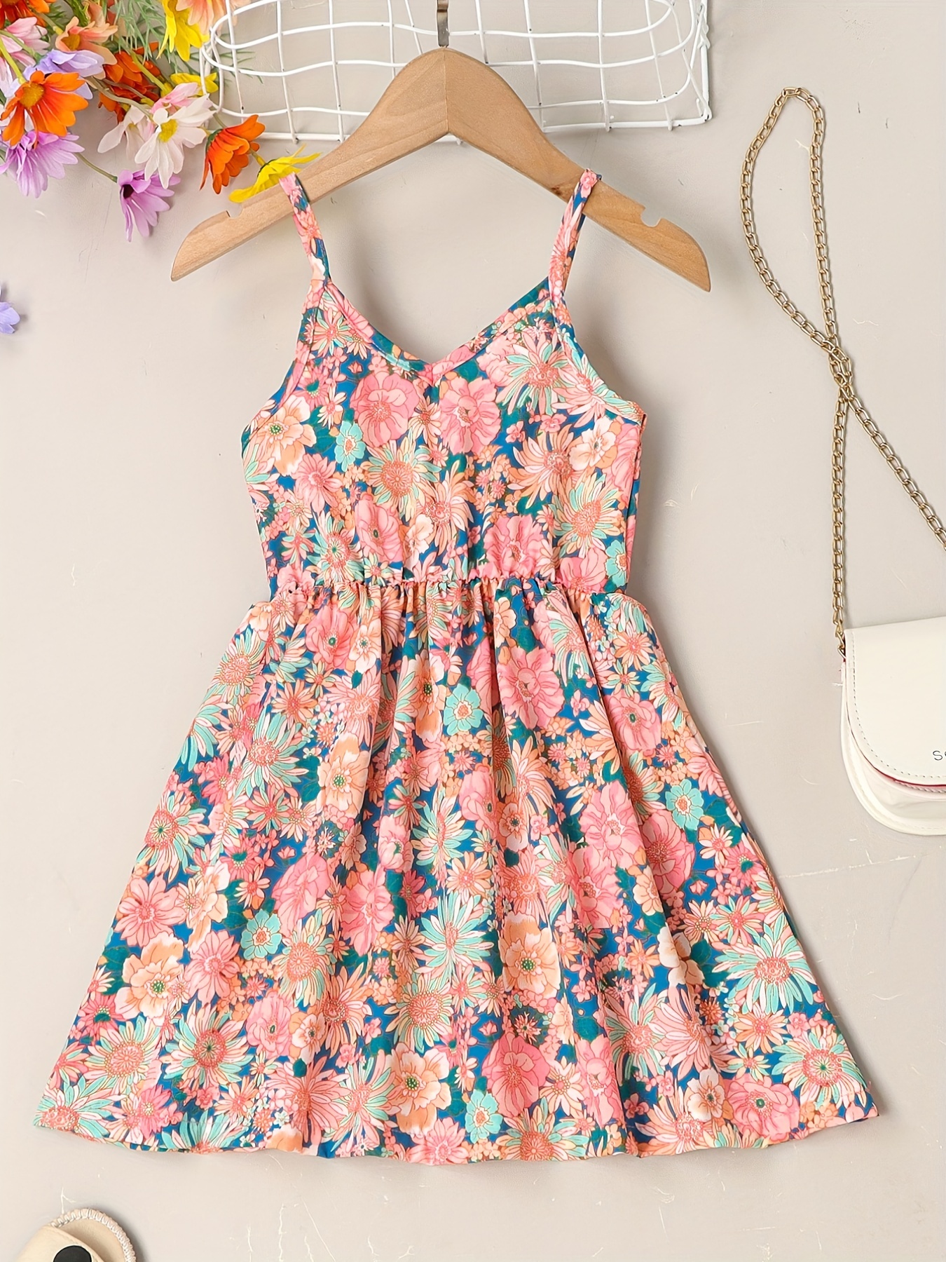 little girls cute sundress floral pattern party beach dress v neck elastic waist camisole dress for summer details 10